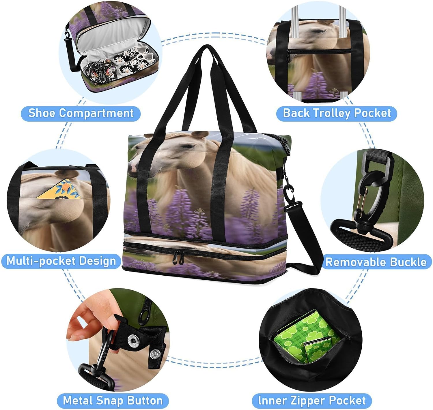 xigua Gym Bag Lavender Horse Travel Duffel Bag - Sports Gym Bag with Dry Wet Pocket Cosmetic bag & Shoes Compartment for Women and Men