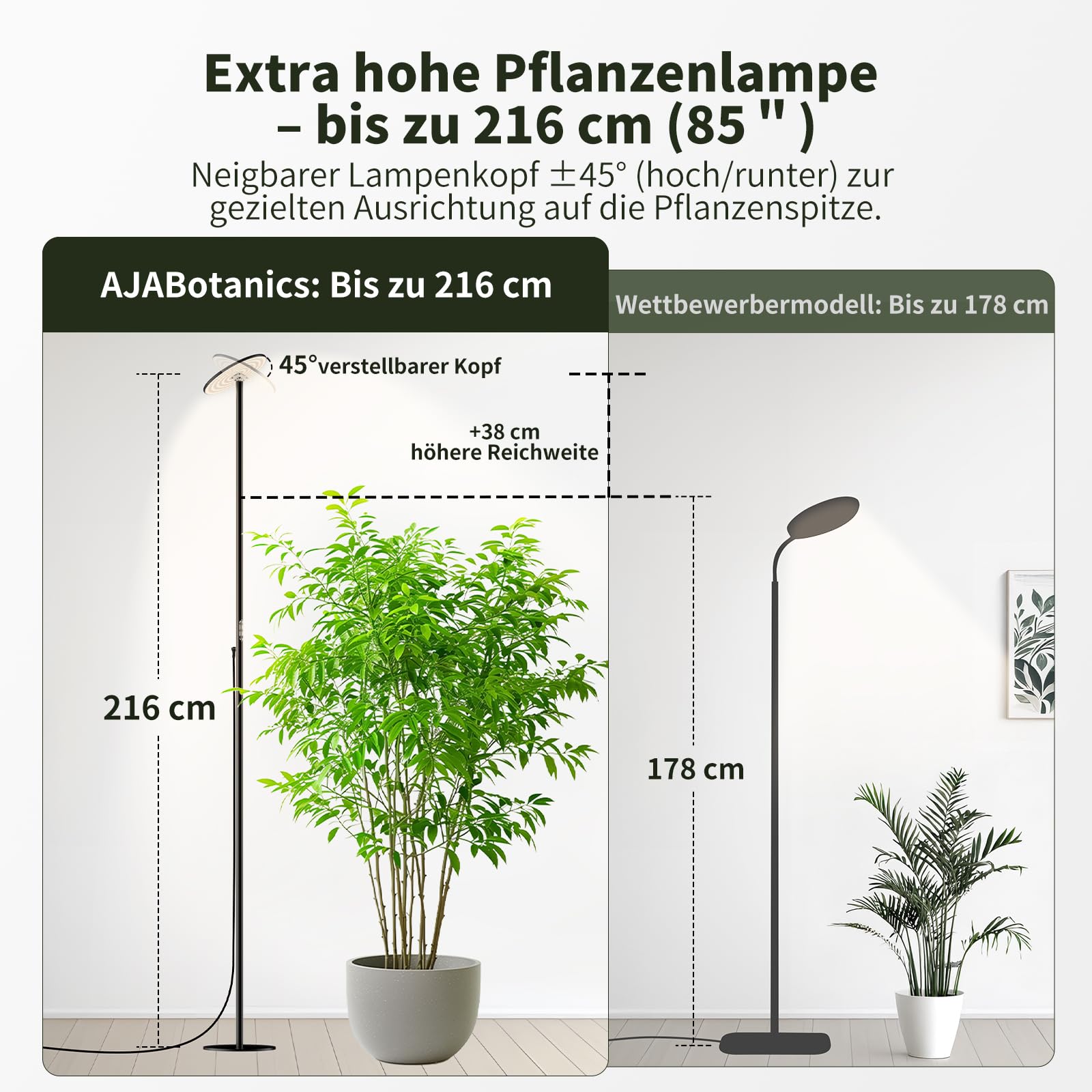Pflanzenlampe LED Vollspektrum für Zimmerpflanzen, 60W Pflanzenlicht stehend, 216 cm, dimmbar, 2300–6500K, mit Timer & Fernbedienung, für große Pflanzen und Zimmerbäume