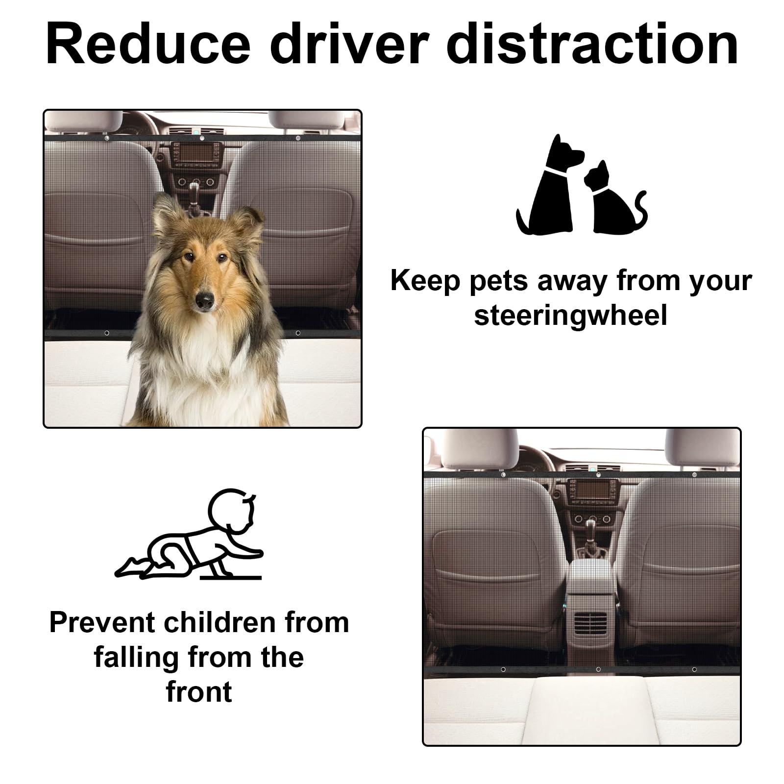 divisorio auto per canii 115 × 62 cm,rete per cani auto per cani, Robusto sedile posteriore per auto per cani con 4 ganci e 2 corde regolabili - rete divisoria auto per cani per SUV, station wagon