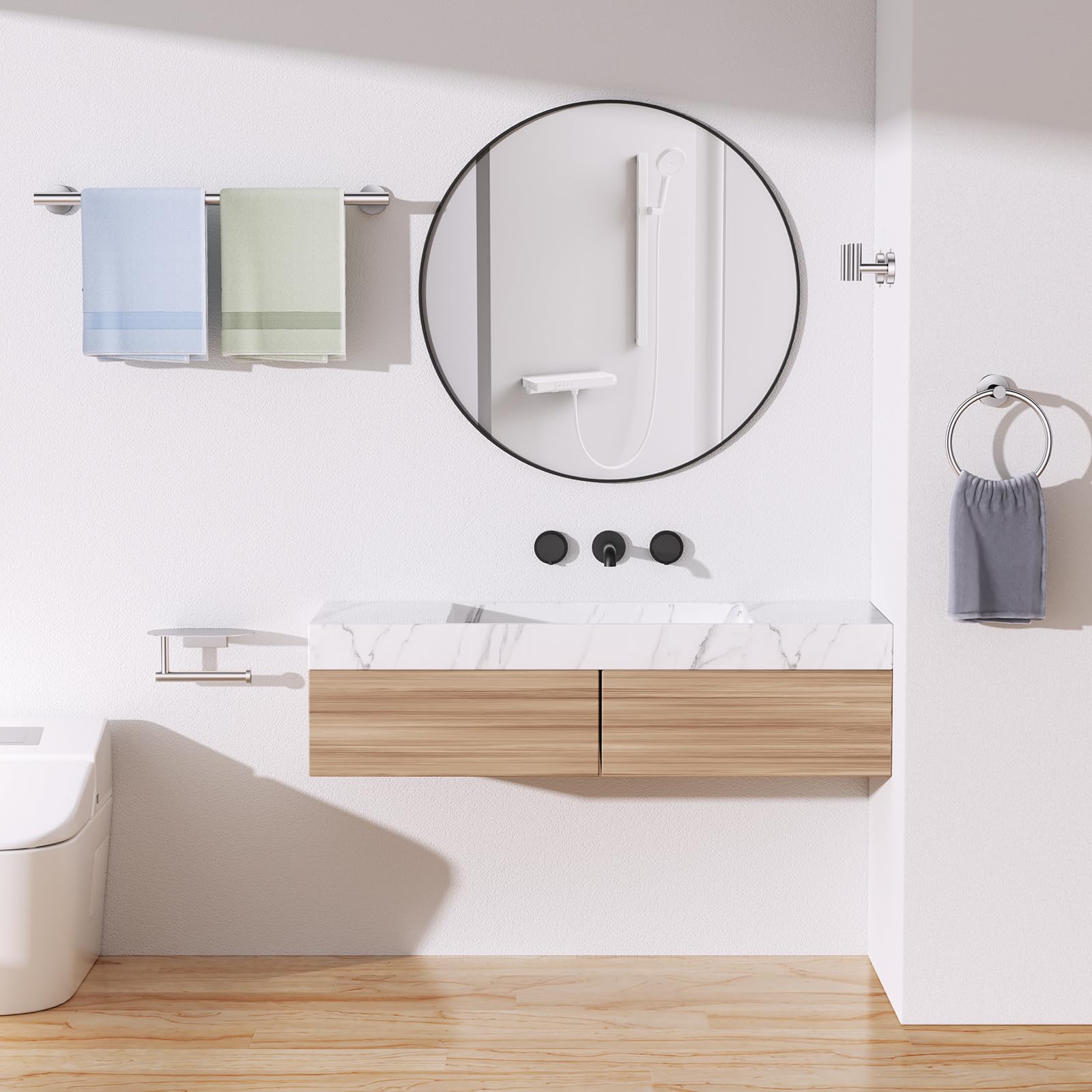 TURS Set di accessori da bagno in acciaio inox SUS304, 5 pezzi, finitura spazzolata, con barra e portasciugamani a parete