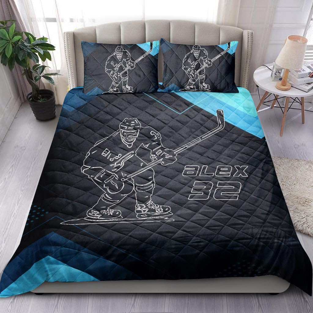 Personalized Hockey Quilt Set, Hockey Man Boy Black Blue Quilt Blanket with Pillowcases, Custom Name and Number Quilt Bedding Set MLANH2332