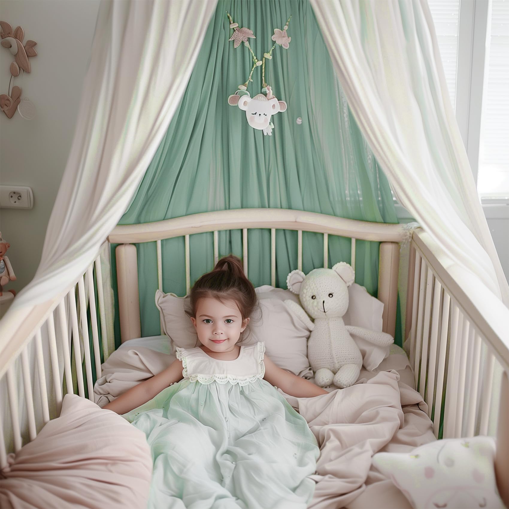 Bed Canopy with Star Lights, Double Layer Canopy for Bed, Princess Play Tent for Girls Room, Breathable Canopy Bed Curtain for Children Reading Nook, Machine Washable Canopy, 25.6''x106'', Green
