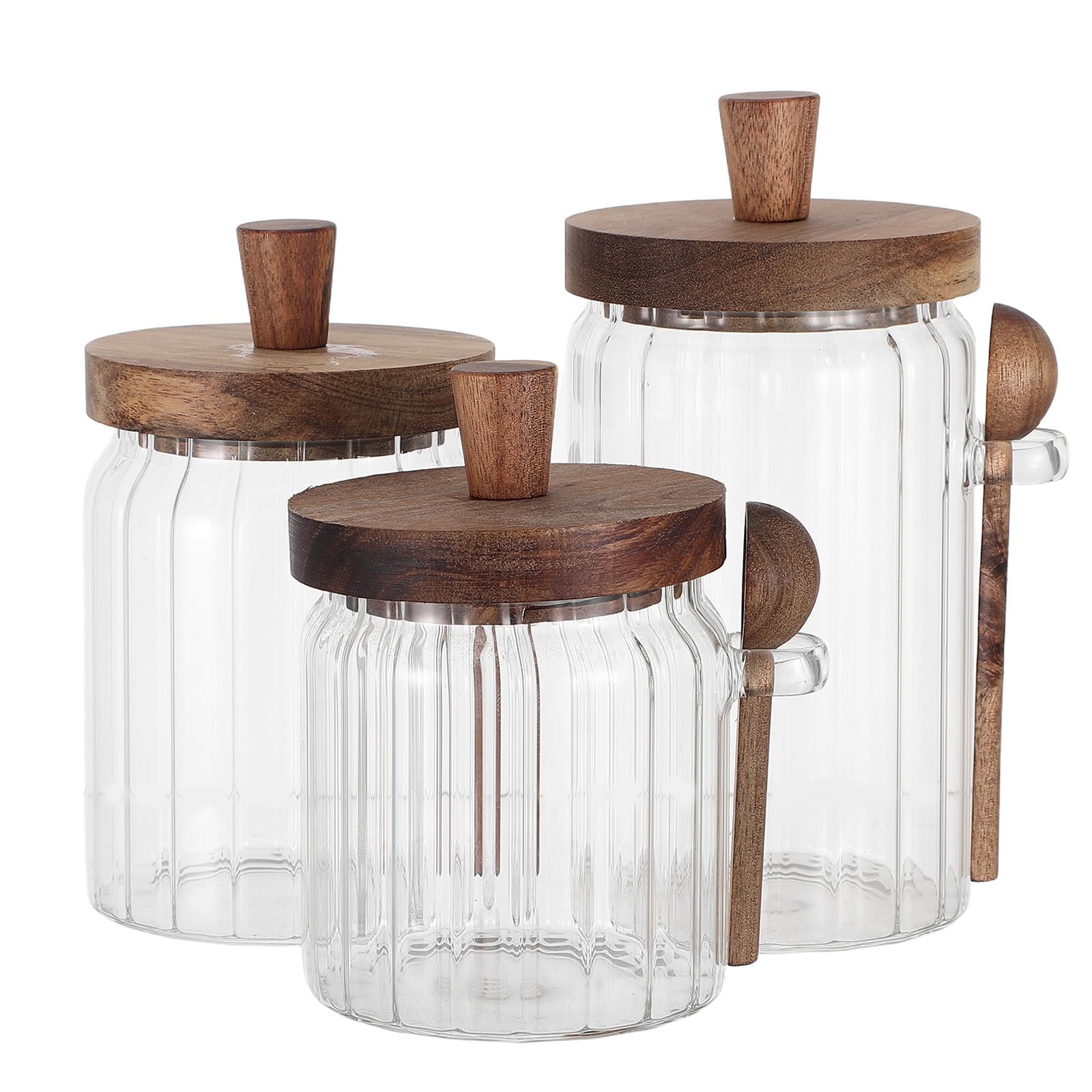 BESTOYARD 3 Set Barattolo Spezie in Vetro Trasparente con Coperchio in Legno e Cucchiaio Integrato, Capacità 550ml, Sigillatura Ermetica per Conservazione Spezie in Cucina