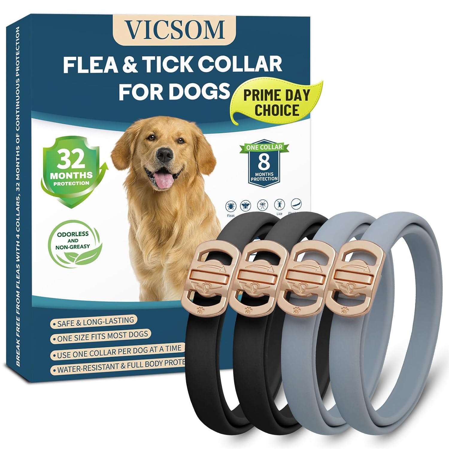 Flea and Tick Collar for Dogs 4 Pack, 32 Months Prevention, Waterproof, Adjustable for Small Medium Large Dogs Puppies (Black and Grey)