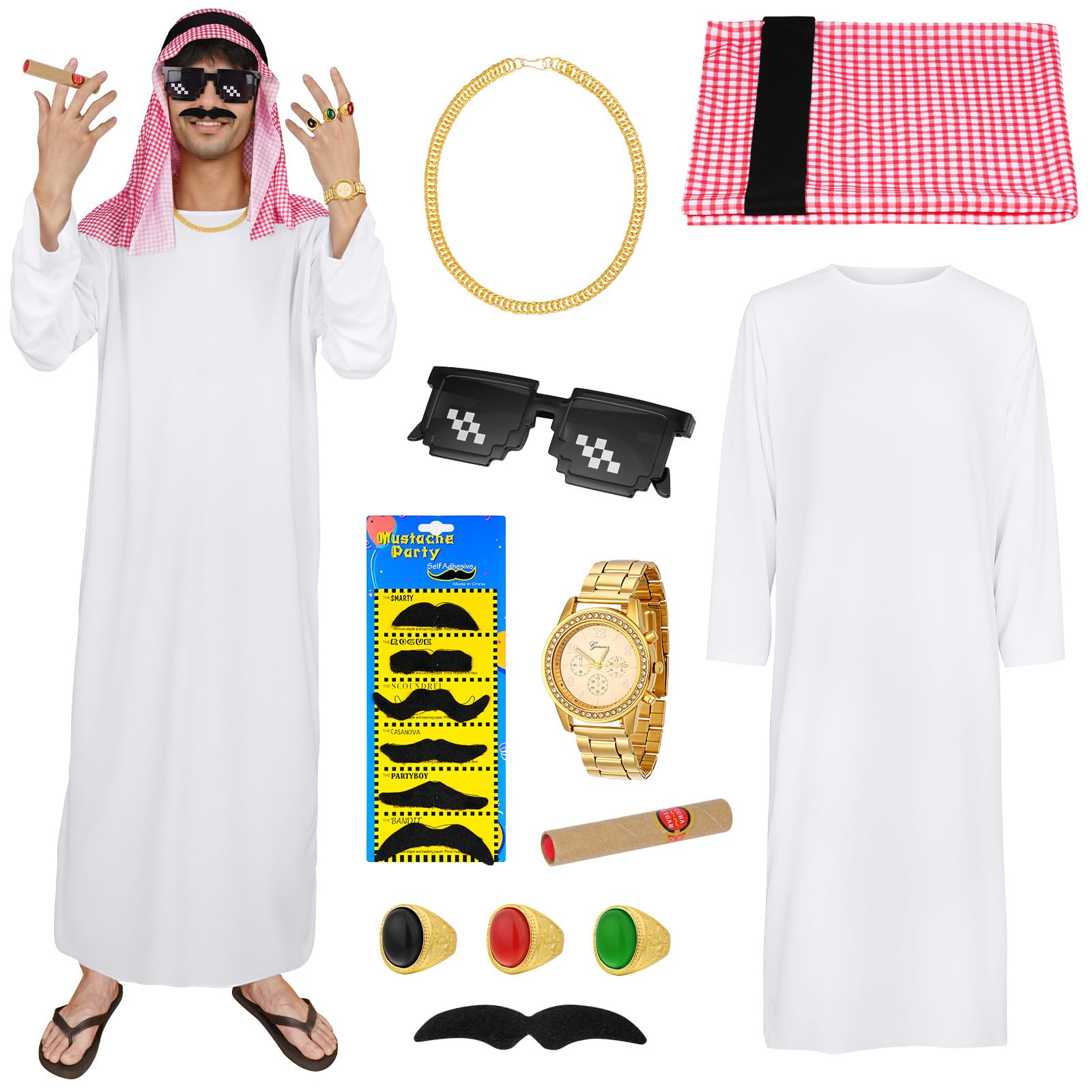BSBUY Arab Sheik Costume Men White Sheik Robe Arabischen Gebetskleidung Middle Eastern Clothes Outfit(16PCS)
