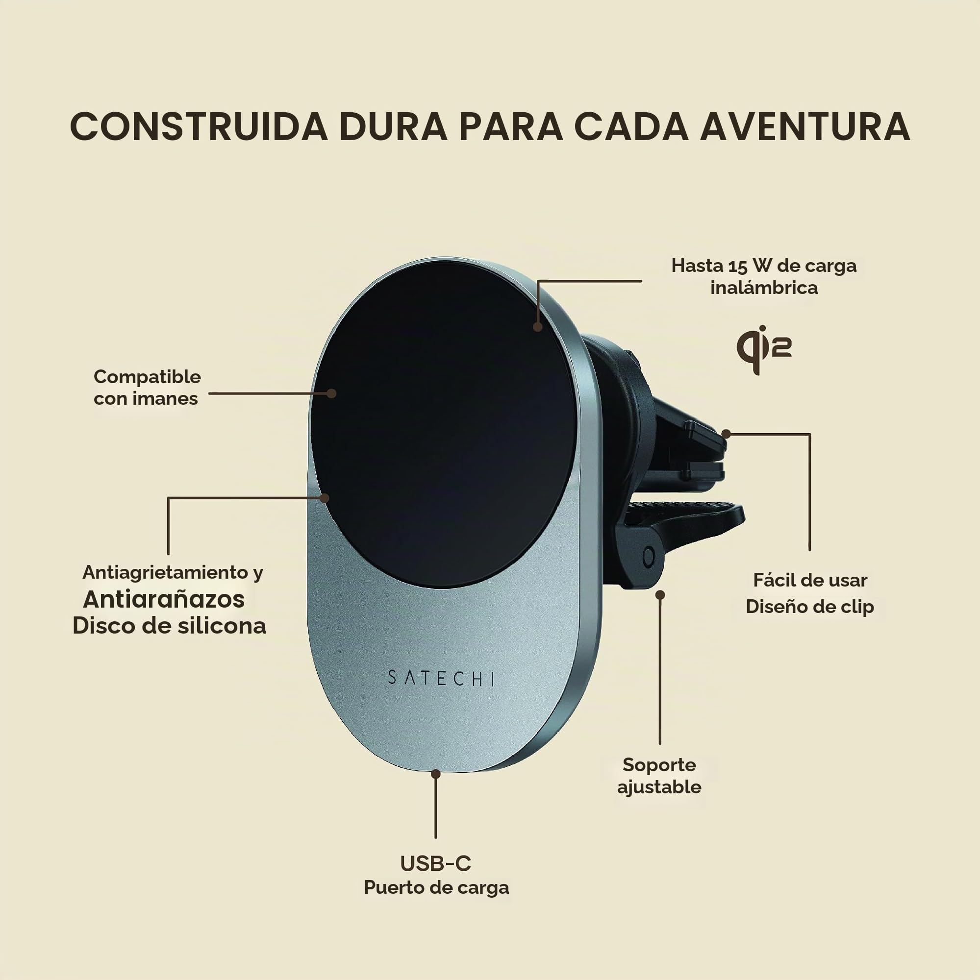 SATECHI Cargador Inalámbrico Qi2 para Coche, Soporte Magnético de Teléfono para Rejillas de Aire, Carga Rápida 15W, Compatible con Series iPhone 17 16 15 a 12