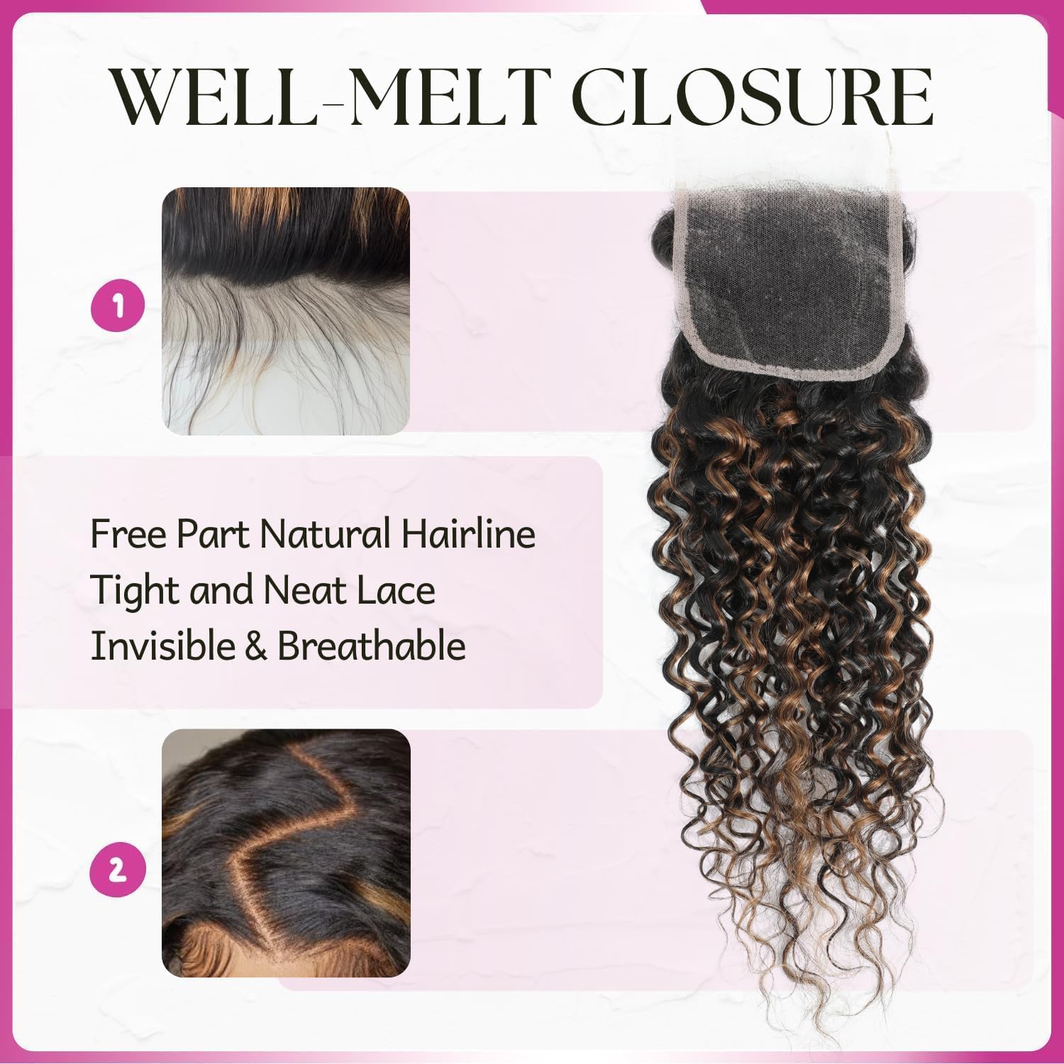 12A Water Wave F1B/30 Highlight Bundles with Closure Human Hair 16 18 20 +16 Inch, Soft Wet And Wavy Black Ombre Curly Colored Bundles with 4x4 HD Transparent Lace Closure Remy Hair