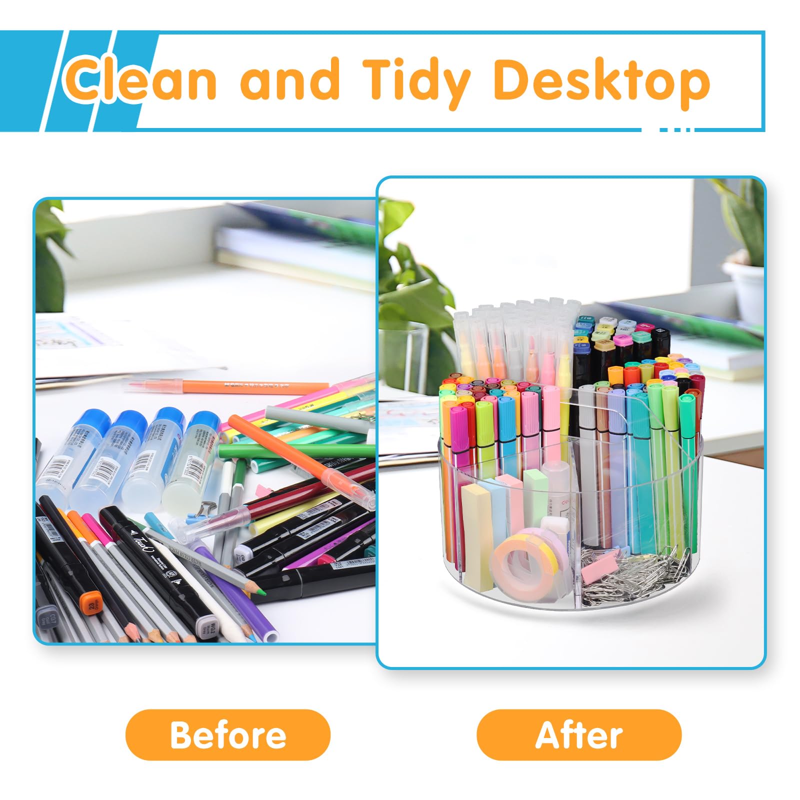 Mefirt Organizer Scrivania Rotante, Portapenne da Scrivania Grande Capacità, Accessori Scrivania 6 Scomparti, Porta Penne per Ufficio Scuola Casa, Desk Organizer, Trasparente, Acrilico