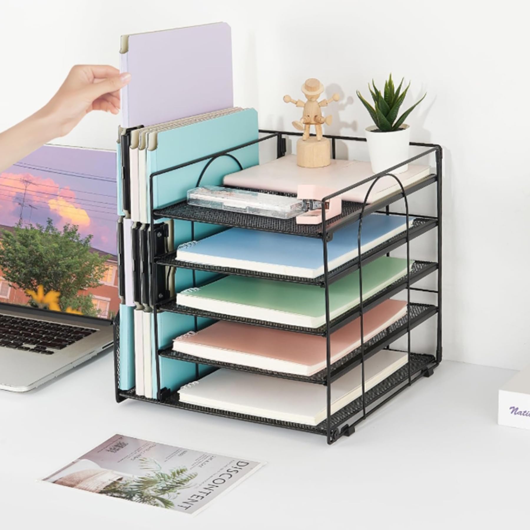 Organizer da scrivania, organizer per documenti a 5 ripiani, cartella con lato, accessori da scrivania per ufficio, organizer da scrivania per forniture per ufficio, bianco