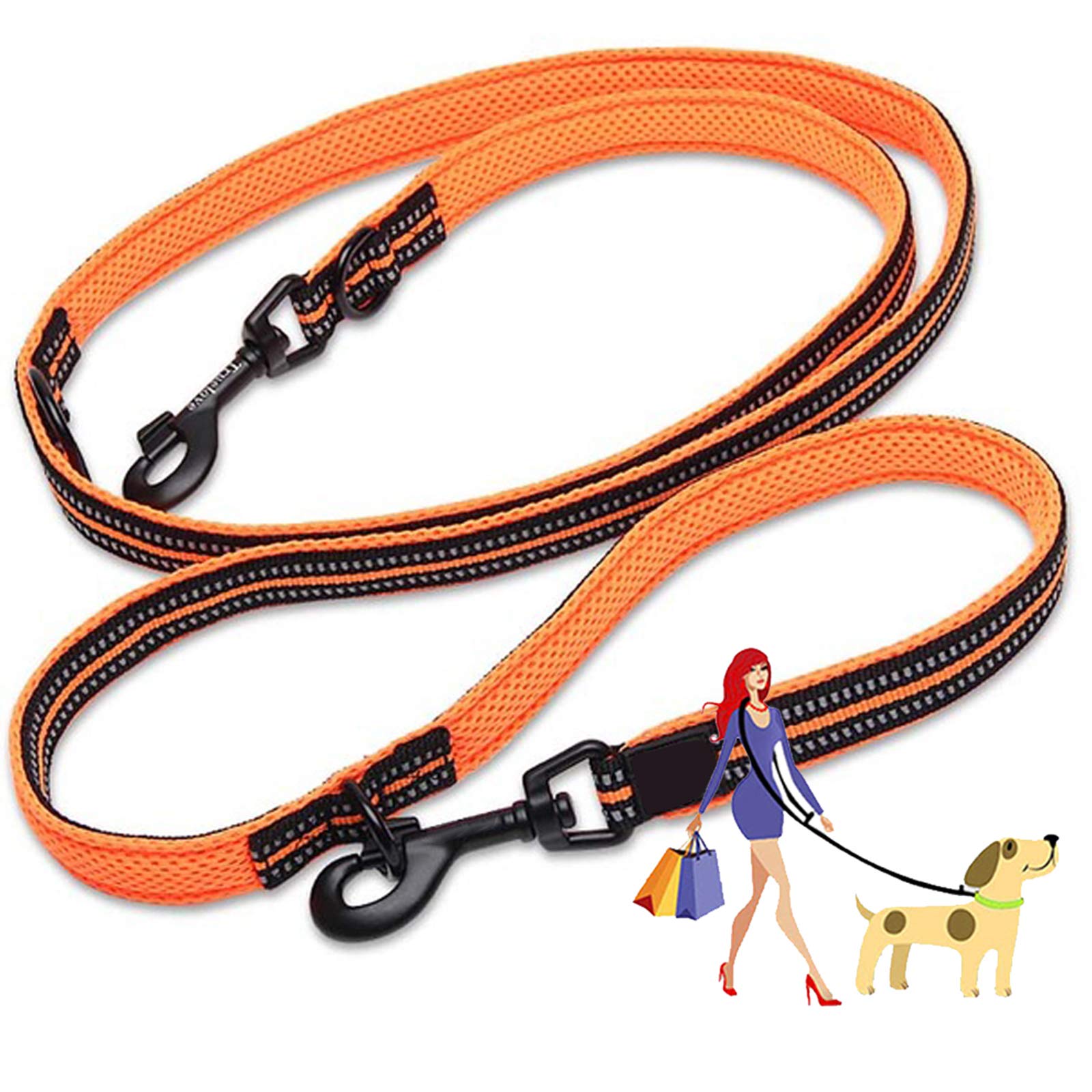 PJDDP Dog Lead Hands Free Dog Leash,Double Ended Dog Training Lead, Multifunctional Strong Nylon Reflective Rope for Running Walking Hiking Biking for Large Dogs Or Medium Dogs,Orange,S