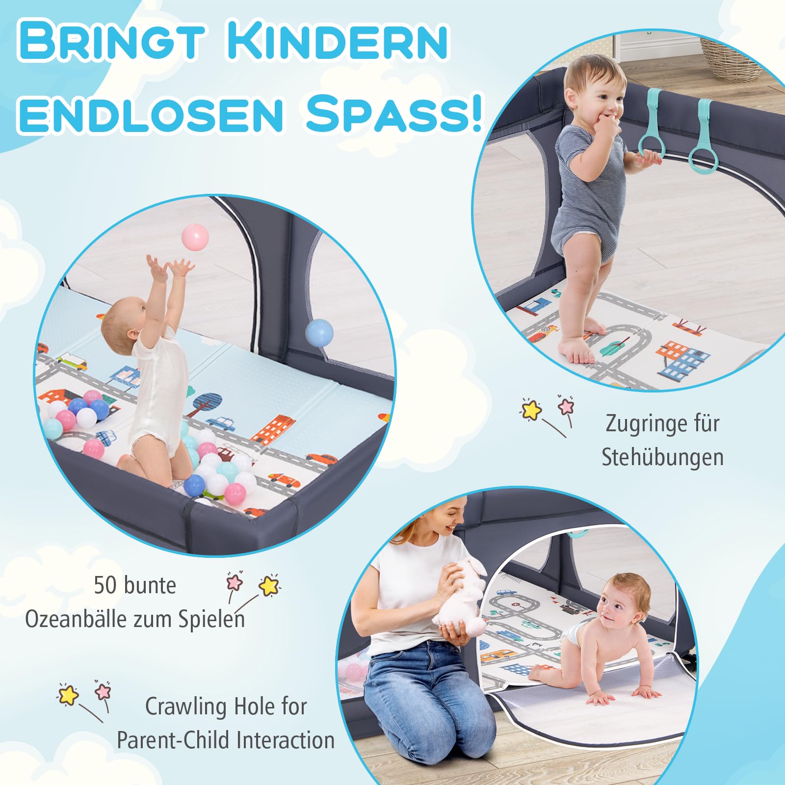 DREAMADE Laufstall Baby, 189 x 158 cm Laufgitter mit Matratze & 4 Zugringen & 50 Ocean Bällen & Tragetasche, Großes Schutzgitter für Baby & Kleinkinder 0-3 Jahren (mit Matratze,Dunkelgrau)