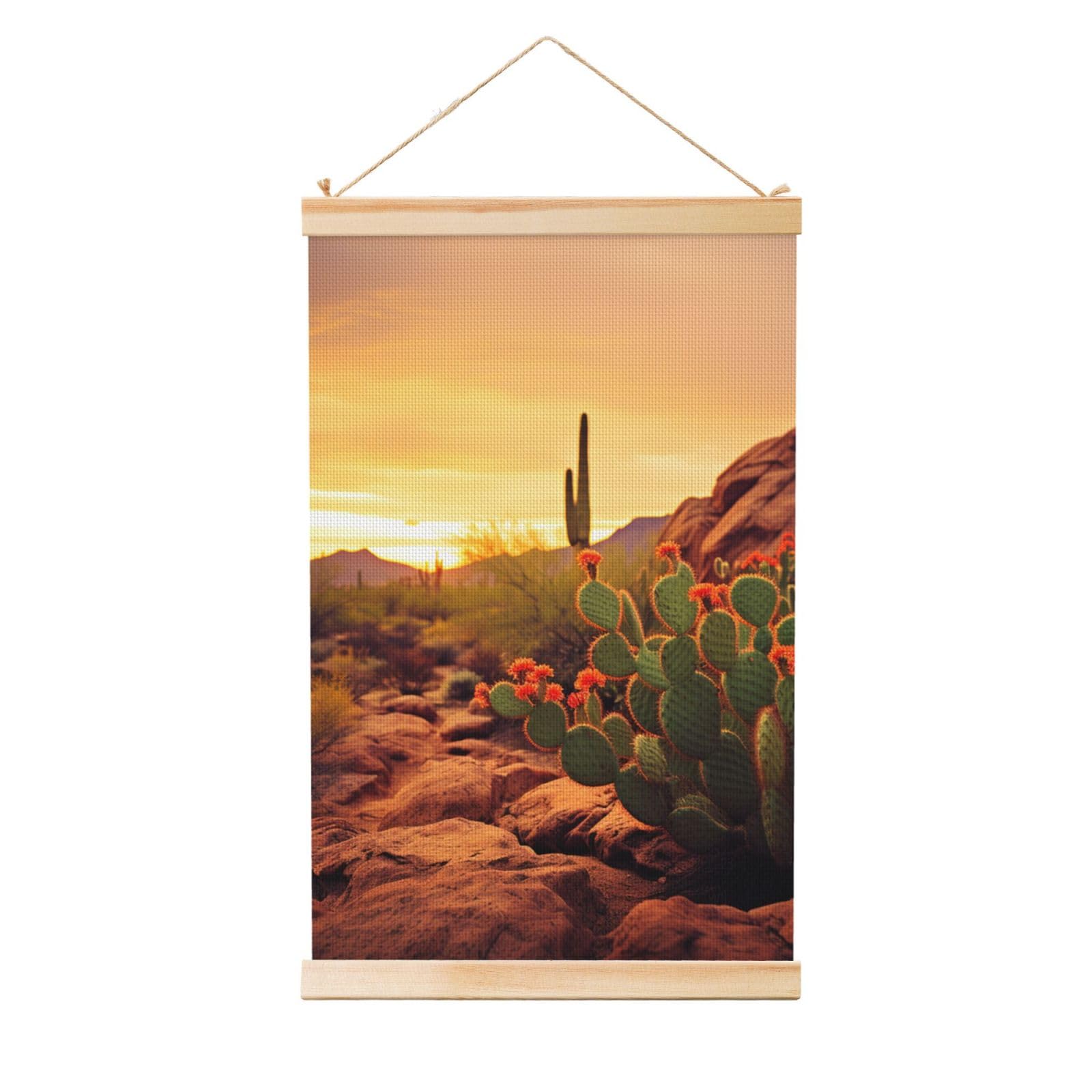 Cactus at Sunset Poster Poster Wooden Shaft Hanging Poster Wall Hanging Banner Canvas Artwork with Wood Frames 36"x24" Modern Artwork Decor Ready to Hang Wall Art for Home Decor Scroll Painting