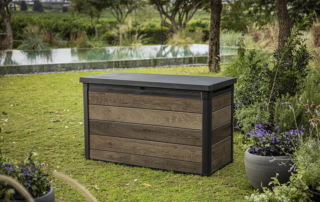 Keter Signature XXL Gartenbox 757L - Wetterbeständige Aufbewahrungsbox mit Gasdruckfedern - Kunststoff in Walnuss-Optik - 151x72x90 cm