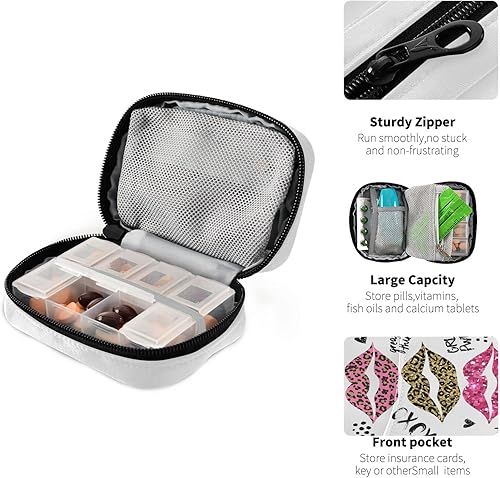 Miniatura 4 de Estuche organizador de píldoras de labios de leopardo con purpurina para 7 días, labios sexys, caja de pastillas de viaje con cremallera, portátil,
