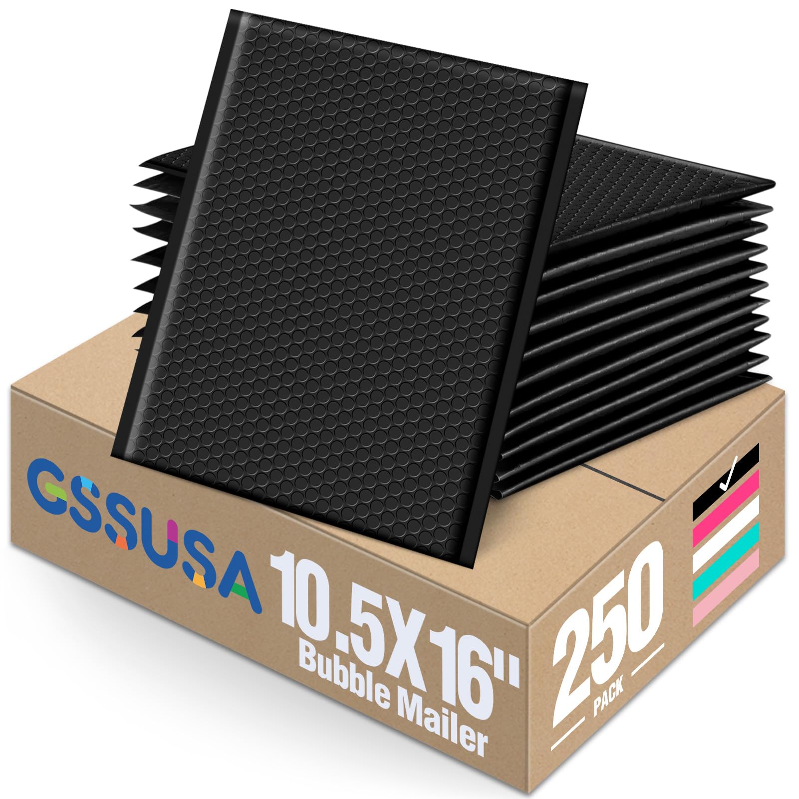 GSSUSA Black Bubble Mailers 10.5x16" 250 Pack Padded Envelopes Self Seal