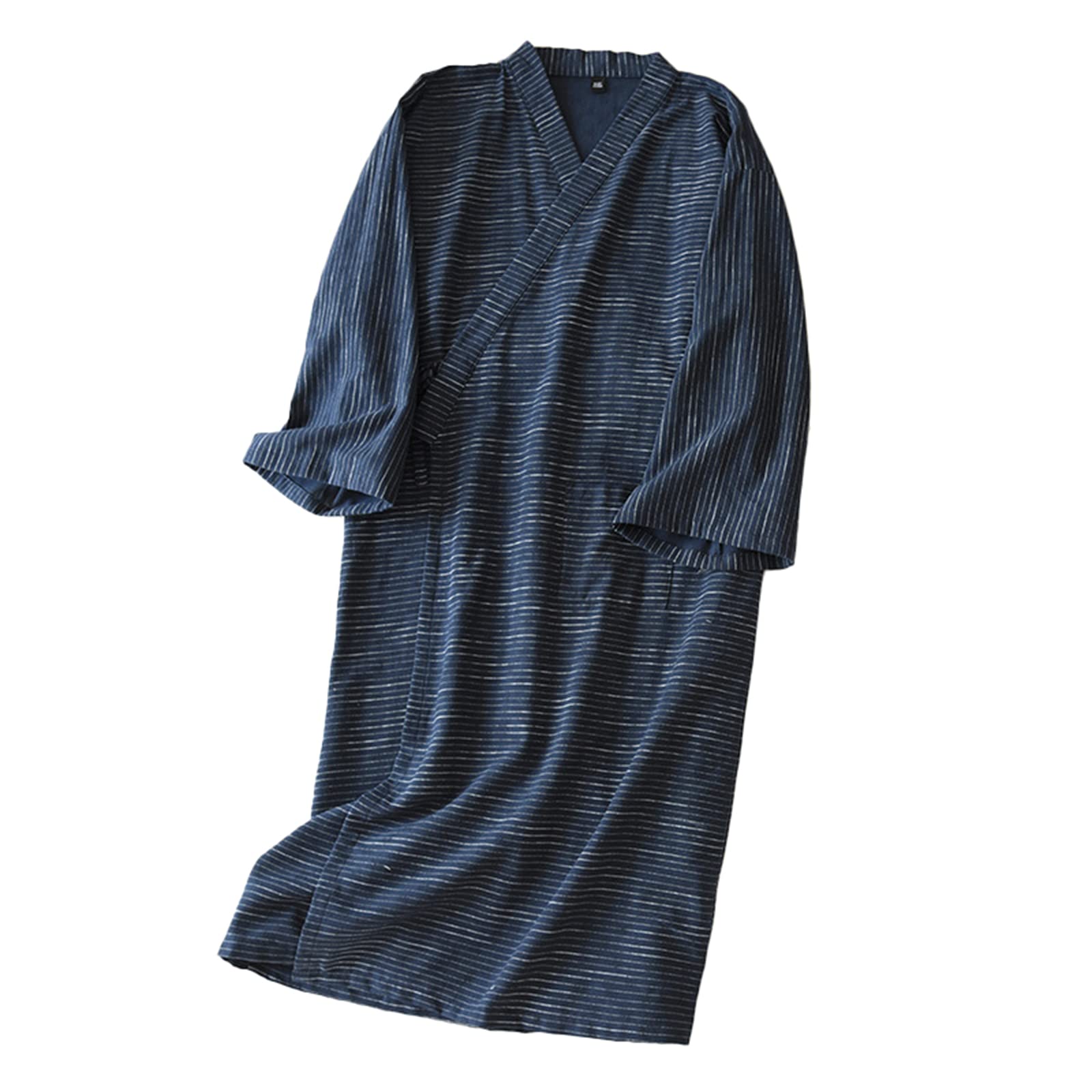 FESFOC Mens Cotton Kimono Robe Summer Adult Bathrobe Lightweight Long Nightgown Spa Robe with Pocket,Navy,M