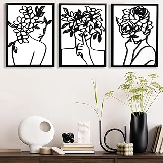 3D Wood Abstract Girl Wall Art, Framed Black Women Line Wall Art, Modern...