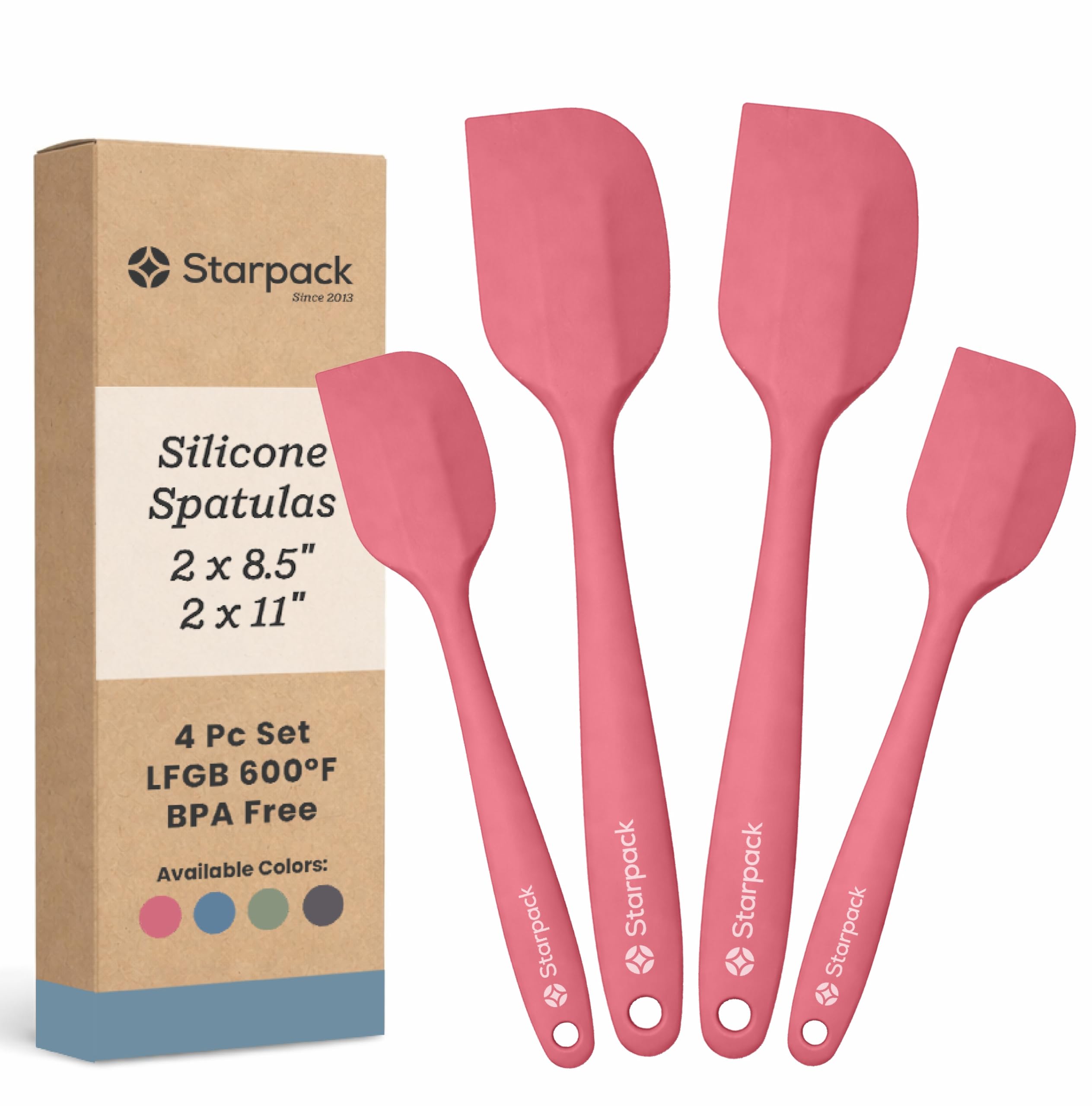 StarPack - Juego de 4 espátulas de silicona de alta calidad (2 pequeñas, 2 grandes), resistentes al calor hasta 315.6 °C, diseño higiénico de una pieza, juego de utensilios de cocina de goma