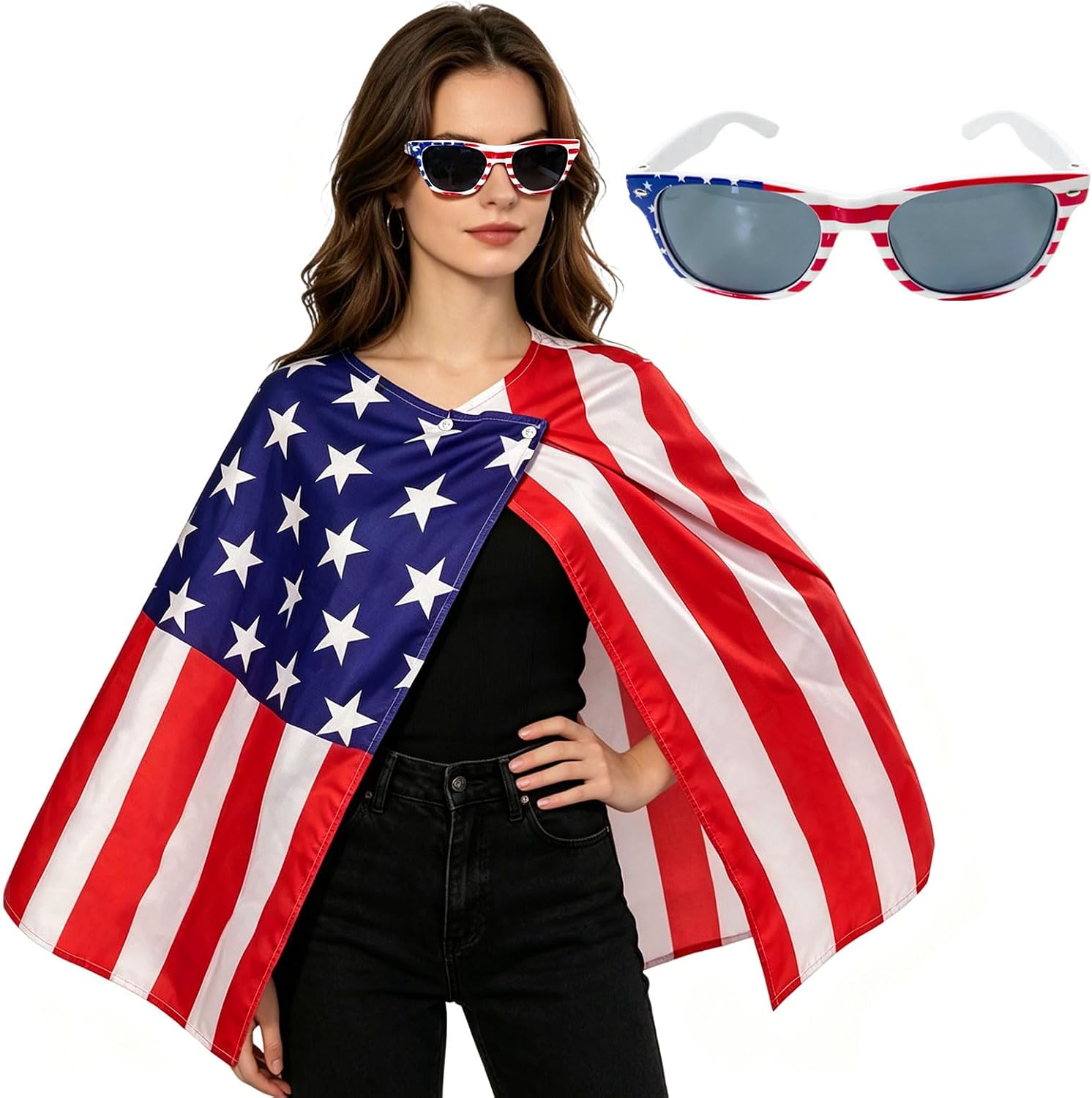 4th of July American Flag Dress for Women, Stars and Stripes Patriotic Outfit with Glasses and Bracelet