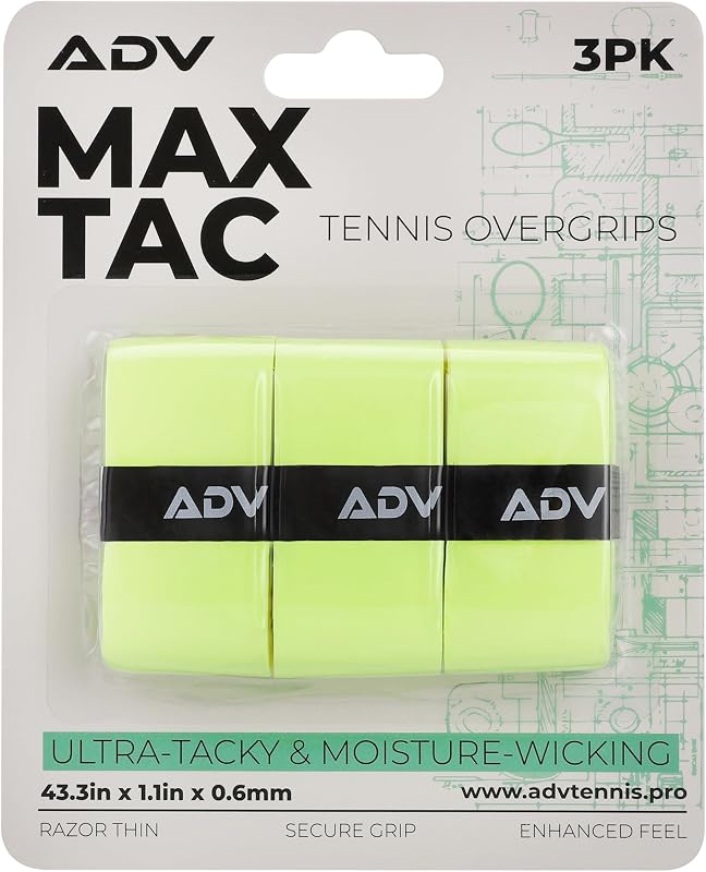 ADV MaxTac Tennis Overgrip, Tacky Moisture-Wicking Grip (Volt, 3-Pack) | Ultra tacky surface, wicks moisture, razor thin so grip size barely changes, replaces worn paddle grip, easy install