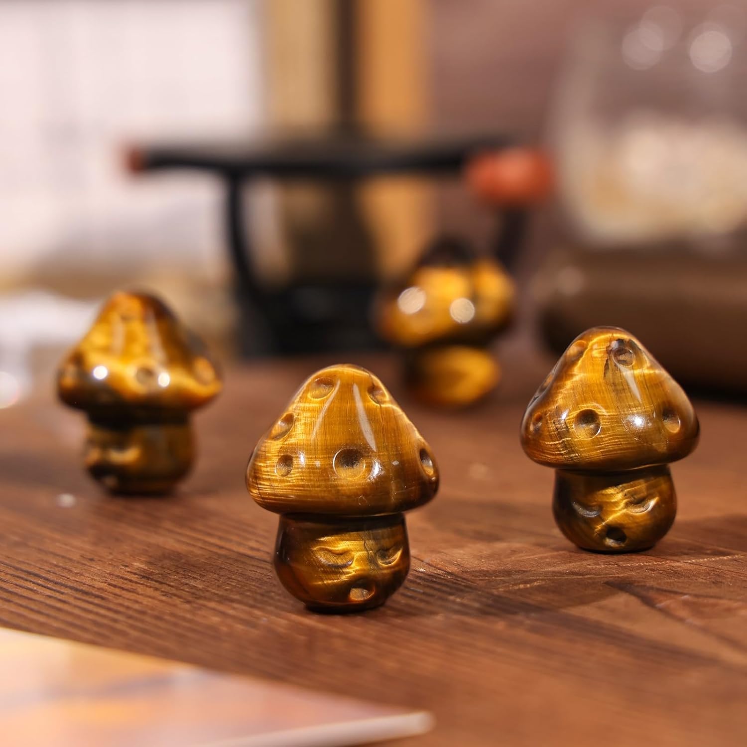 Nupuyai Pack of 2 Mini Carved Crystal Mushroom Figurine Pocket Stone for Anxiety Relax, Polished Mushroom Sculpture Decor for Garden Home, 1.1-1.2'', Tiger's Eye