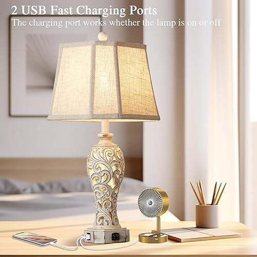 Miniatura 2 de Juego de 2 lámparas de mesa rústicas para sala de estar, dormitorio, lámpara de mesita de noche vintage con 2 puertos USB, lámpara de resina hueca