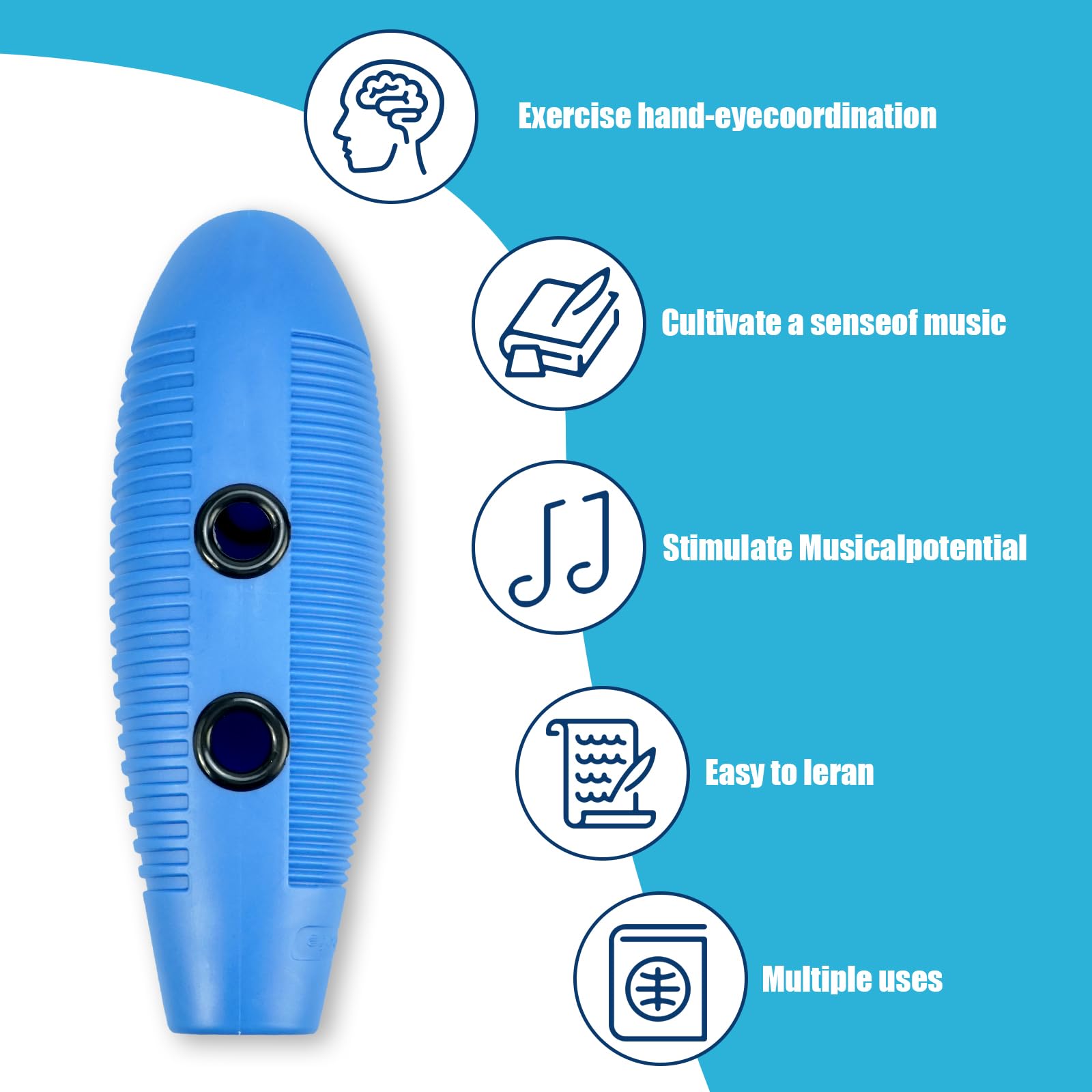 Soulmate Fish Guiro Instrument 3.9" x 13" Latin Percussion with 2 Scrapers, Professional Guiro Shaker for Beginners, Live Performances, and Musical Training, Blue