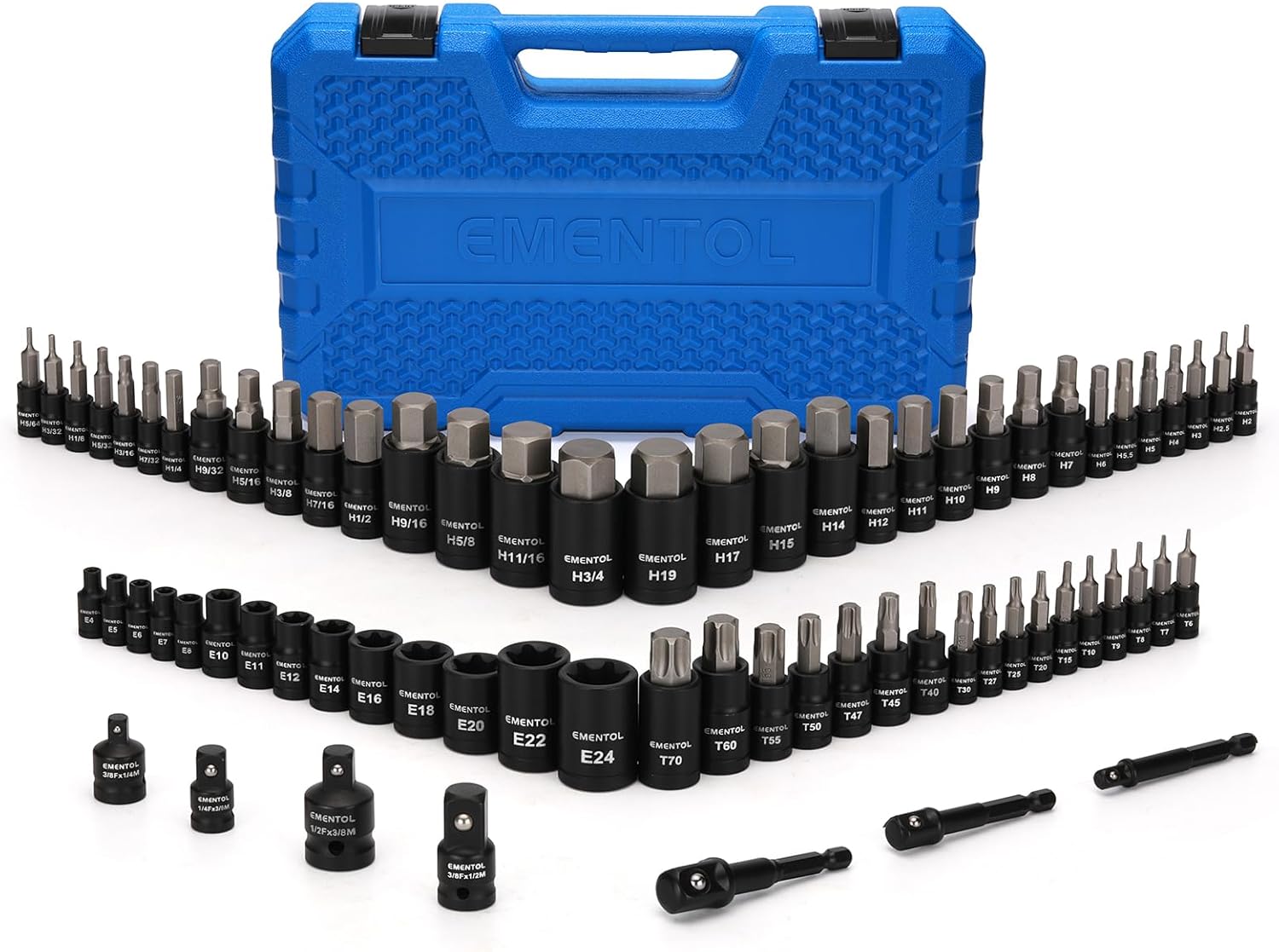 EMENTOL 71-Piece Torx Bit & Hex Bit Socket Set, Master SAE/Metric, 1/4", 3/8" and 1/2" Drive, S2 and CrV Steel, Includes E4-E24, Socket/Drill Adapter