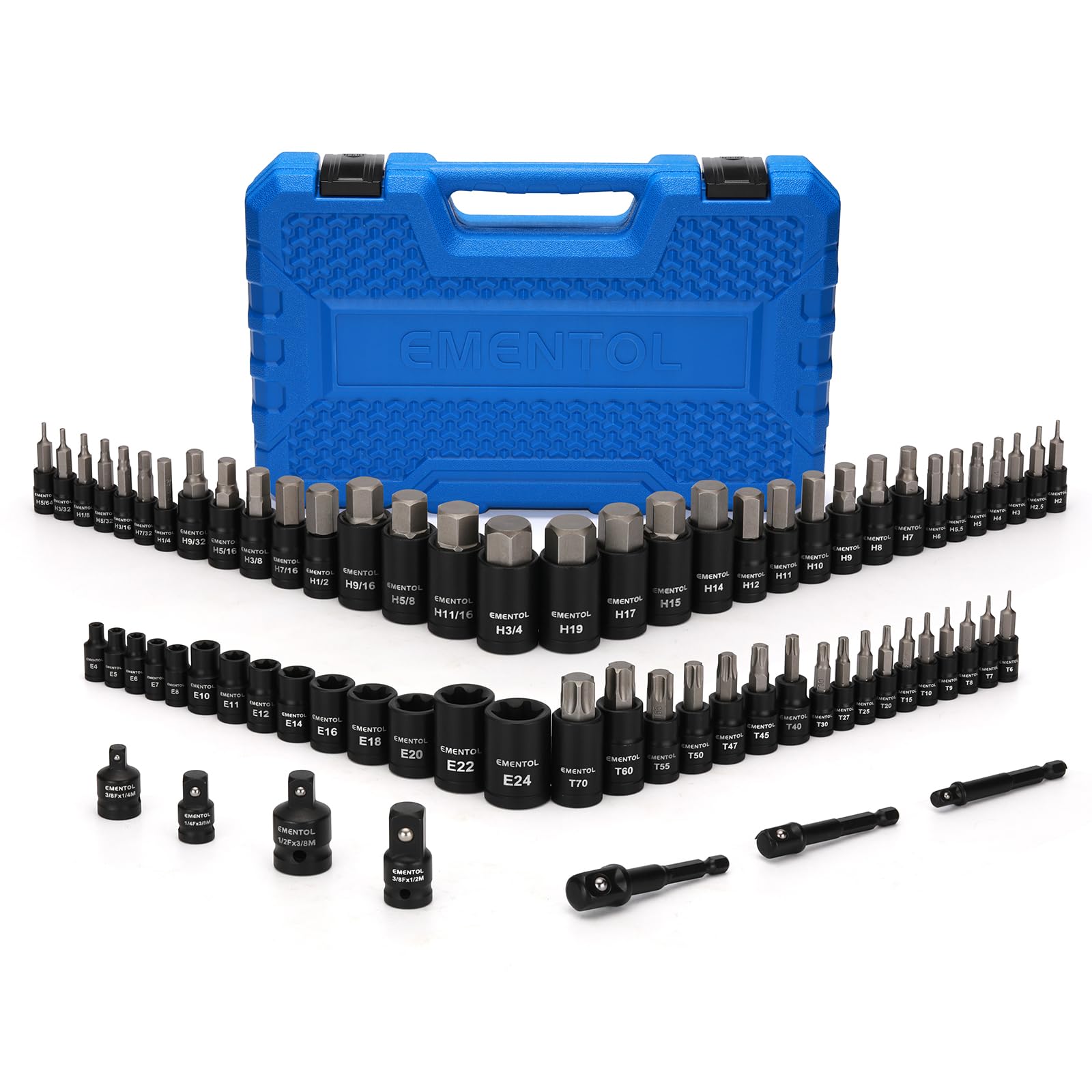 EMENTOL Juego de 71 piezas Torx y llaves de vaso hexagonales, Master SAE/métrico, 1/10.2 cm, 3/20.3 cm y 1/5.1 cm, acero S2 y CrV, incluye E4-E24, adaptador de enchufe/taladro