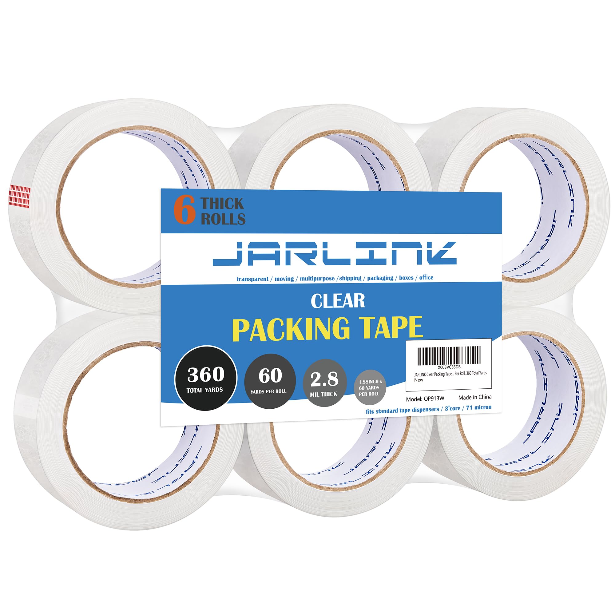 JARLINK Clear Packing Tape (6 Rolls), Heavy Duty Packaging Tape for Shipping Packaging Moving Sealing, Stronger & Thicker 2.8mil, 1.88 inches Wide, 60