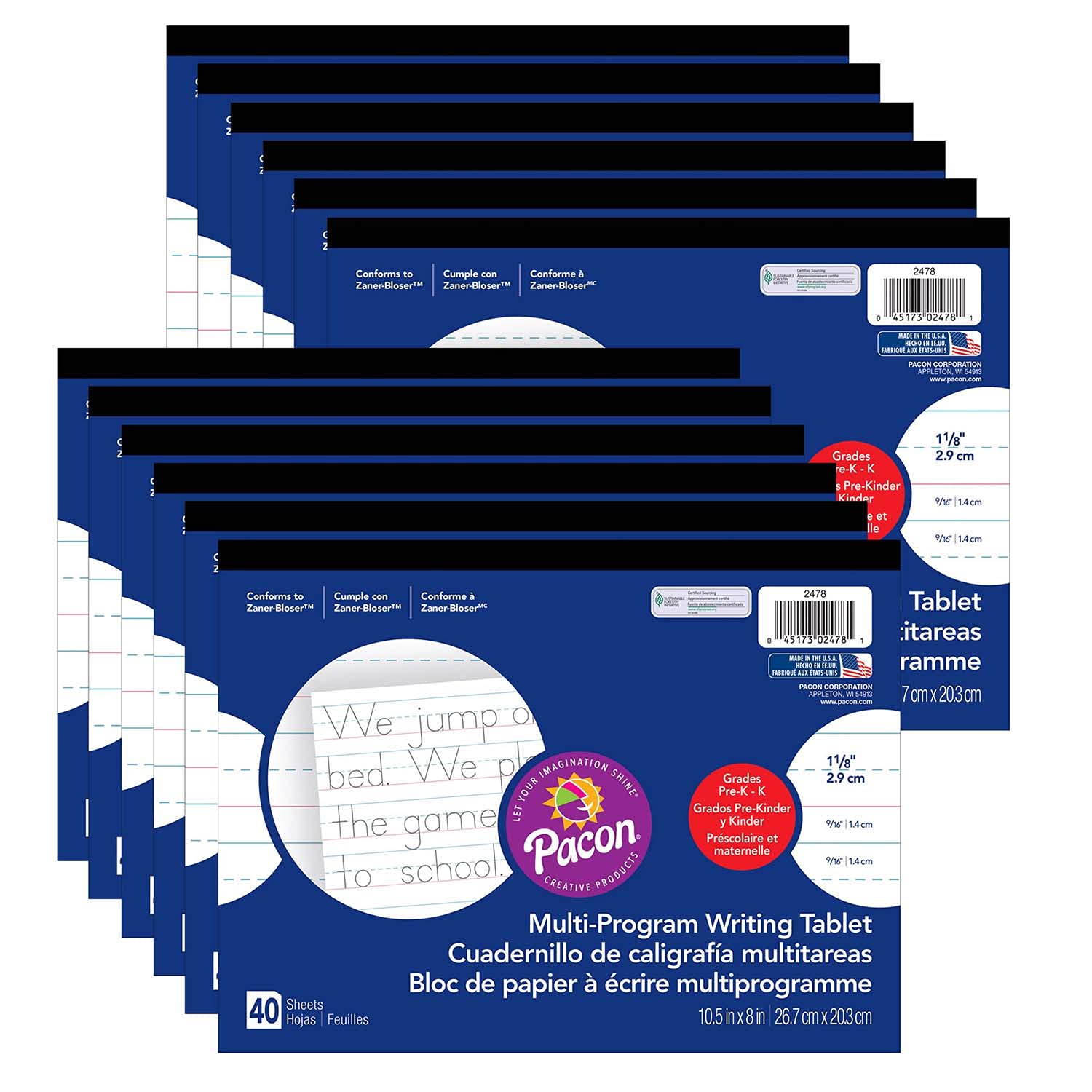 Pacon(r) Multi-Program Handwriting Tablet, Zaner-Bloser, 1-1/8" x 9/16" x 9/16" Ruled Long, 10-1/2" x 8", 40 Sheets, Pack of 12