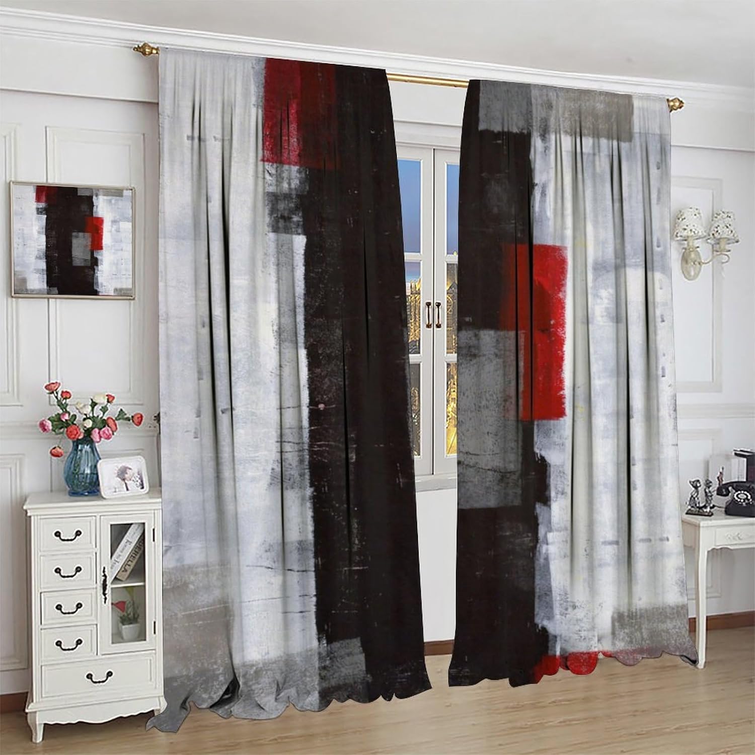 Abstract Curtains Red Black and Grey Rod Pocket Blackout Window Drapes for Bedroom Living Room Kitchen Cafe Decor （W21xL63 Inch） x2 Panels