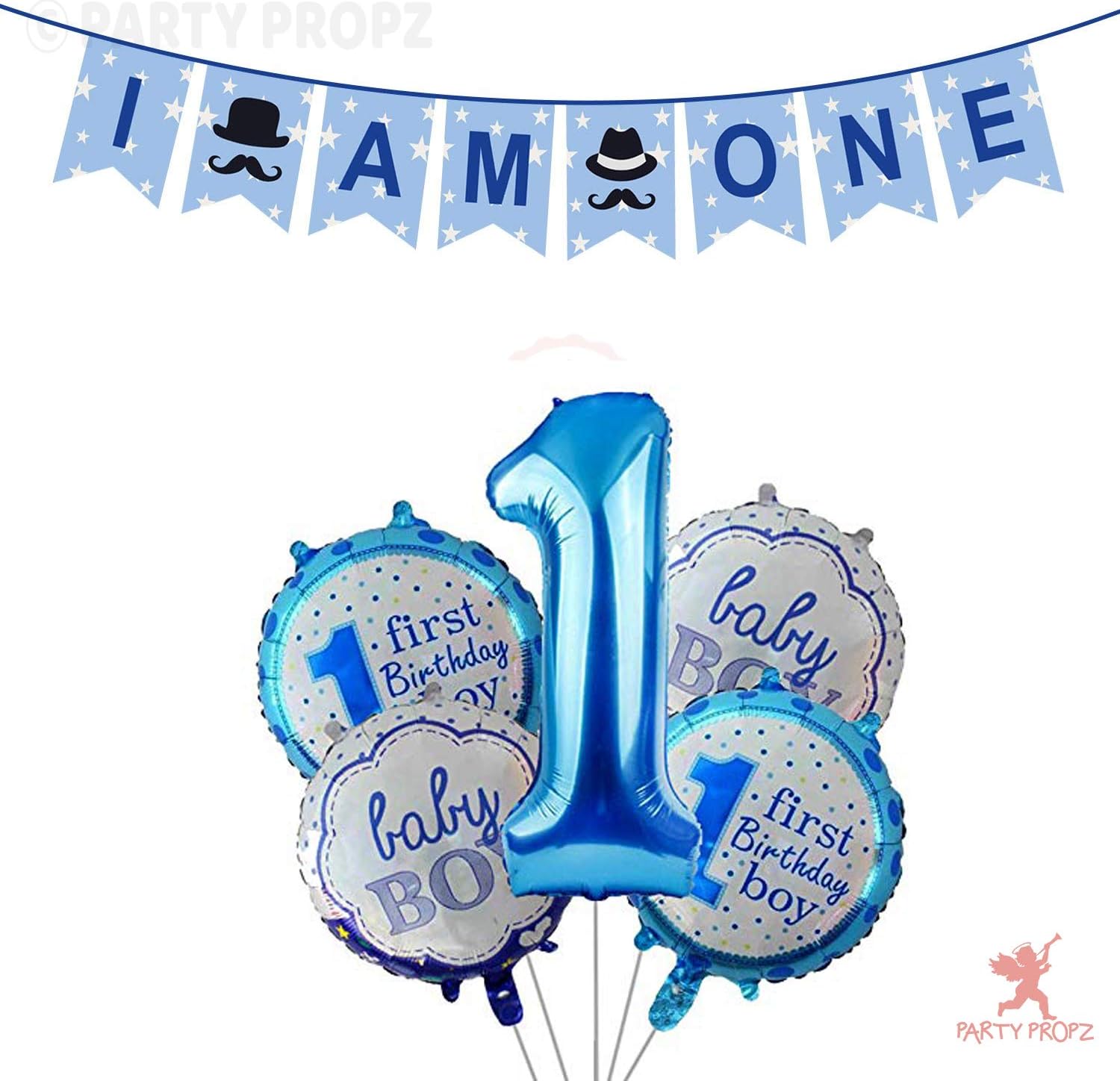 Party Propz 1st Birthday Decoration Kit for Boys – 6 Pcs, I Am One Banner & Foil Balloons,1 Birthday Decoration Items for Boys, One Year Birthday Decoration Items,Baby Boy Birthday Decor