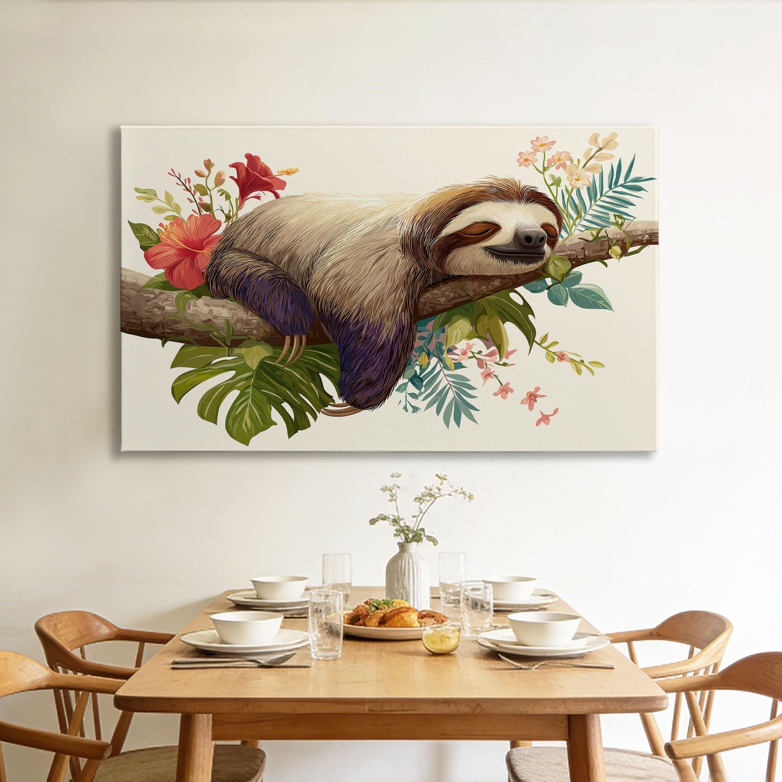Generisch Leinwandbild mit Rahmen 120x60 cm Wohnzimmer Deko, Cartoon Tier Faultier Beige Modern Wandbild Kunstdruck auf Leinwand Bild Schlafzimmer über Bett Room Decor Geschenke