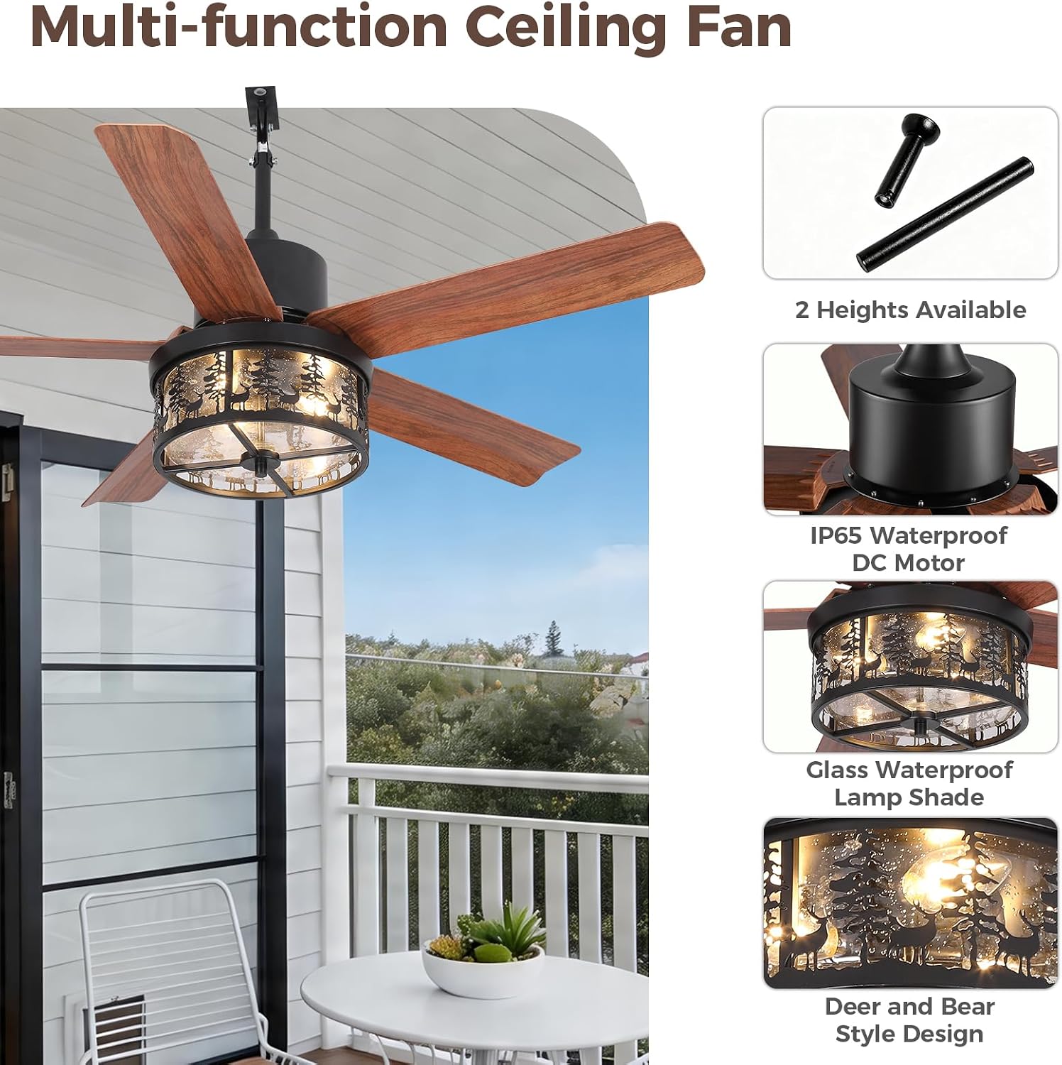 42 Inch Outdoor Ceiling Fan with Light and Remote, Rustic Farmhouse Outdoor Ceiling Fan, IP65 Waterproof with 6 Speed DC Motor, Bear and Deer Design Gazebo Fan for Patio, Porch, Living Room