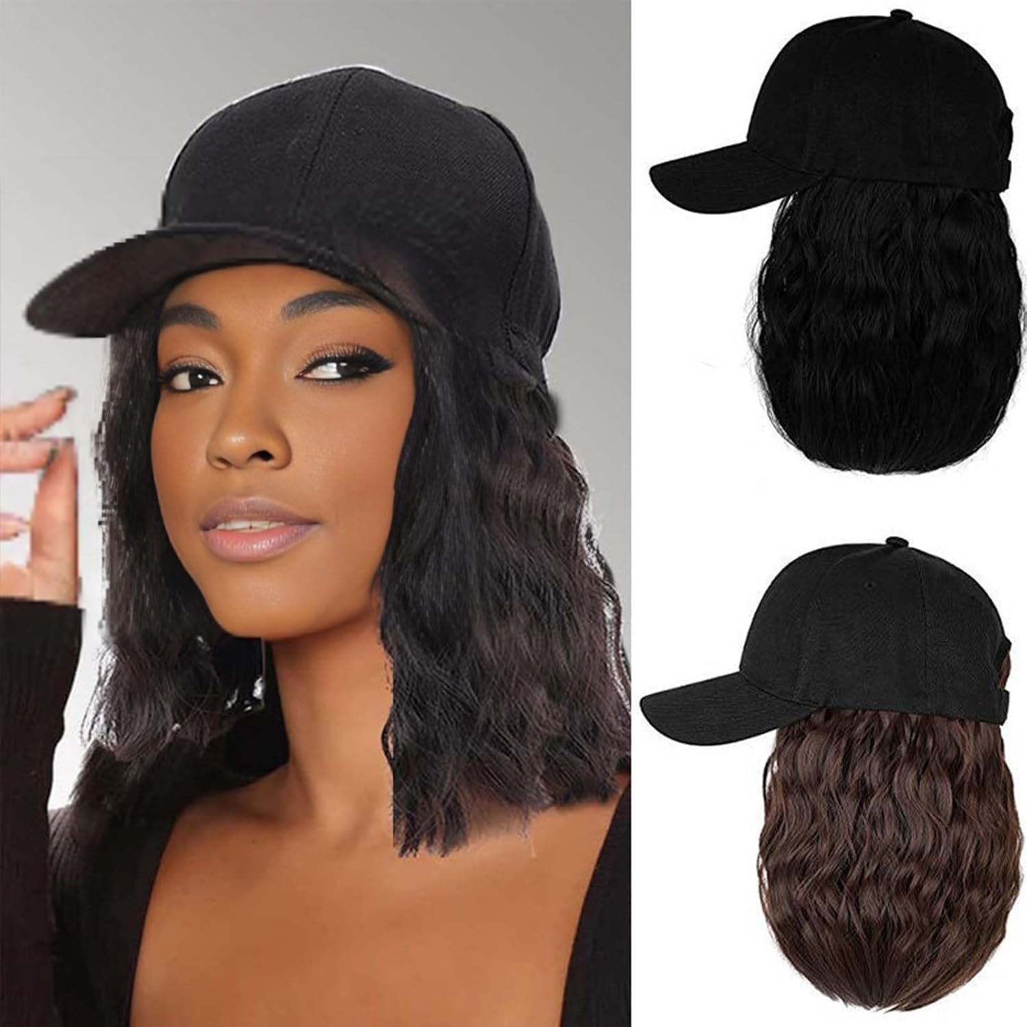 YEKEYI Hat Wig for Women, Short Wave Baseball Cap Wig with Curly Synthetic Hair Extensions