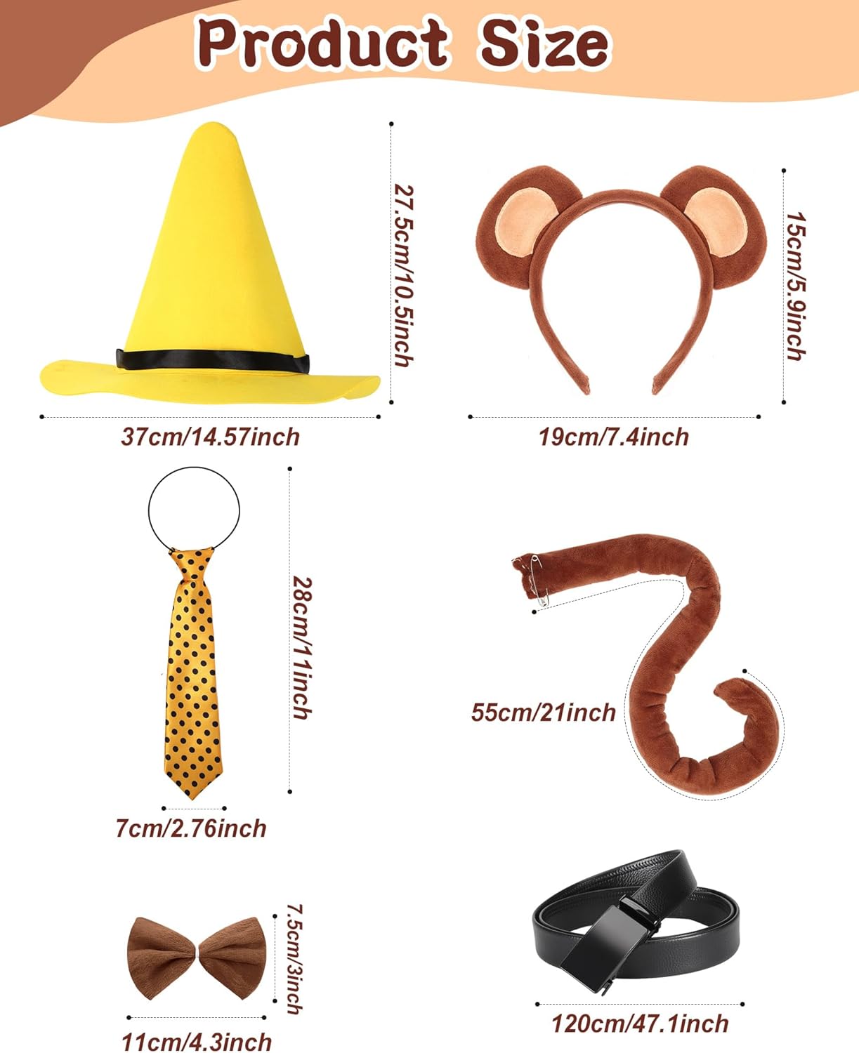 6 PCS Halloween Costume Set Yellow Hat, Polka Dot Tie, Monkey Ears Headband, Tail, Belt & Bow Tie Ideal for Halloween Cosplay Parties - Image 2
