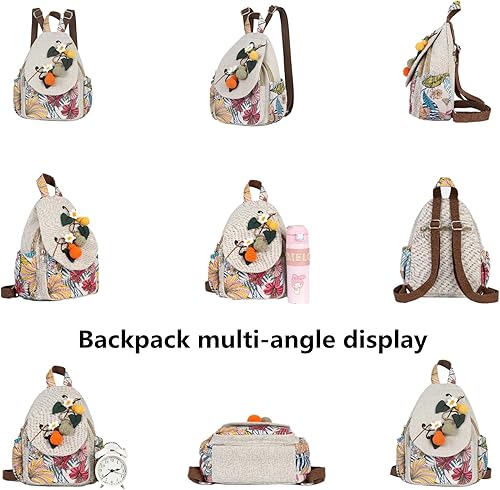 Vista 174 de HUANGGUOSHU Mujer de algodón tejido bohemio cáñamo Boho lona bordado múltiples bolsillos retro linda mochila cartera mochila mochila gato caprichoso