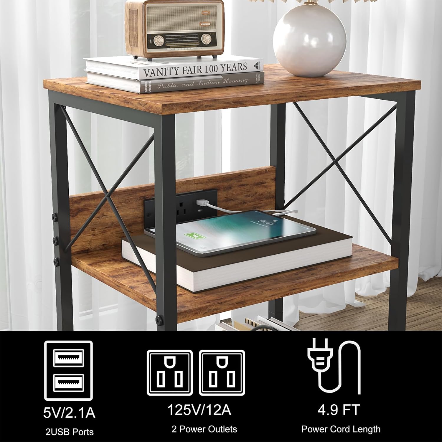 Sthmec 3 Tiers End Table with Charging Station, LED Side Small Table Turntable for Vinyl Storage, Records Player Stand for Albums, Vinyl Holder Shelf Tables for Living Room, Bedroom Rustic Brown