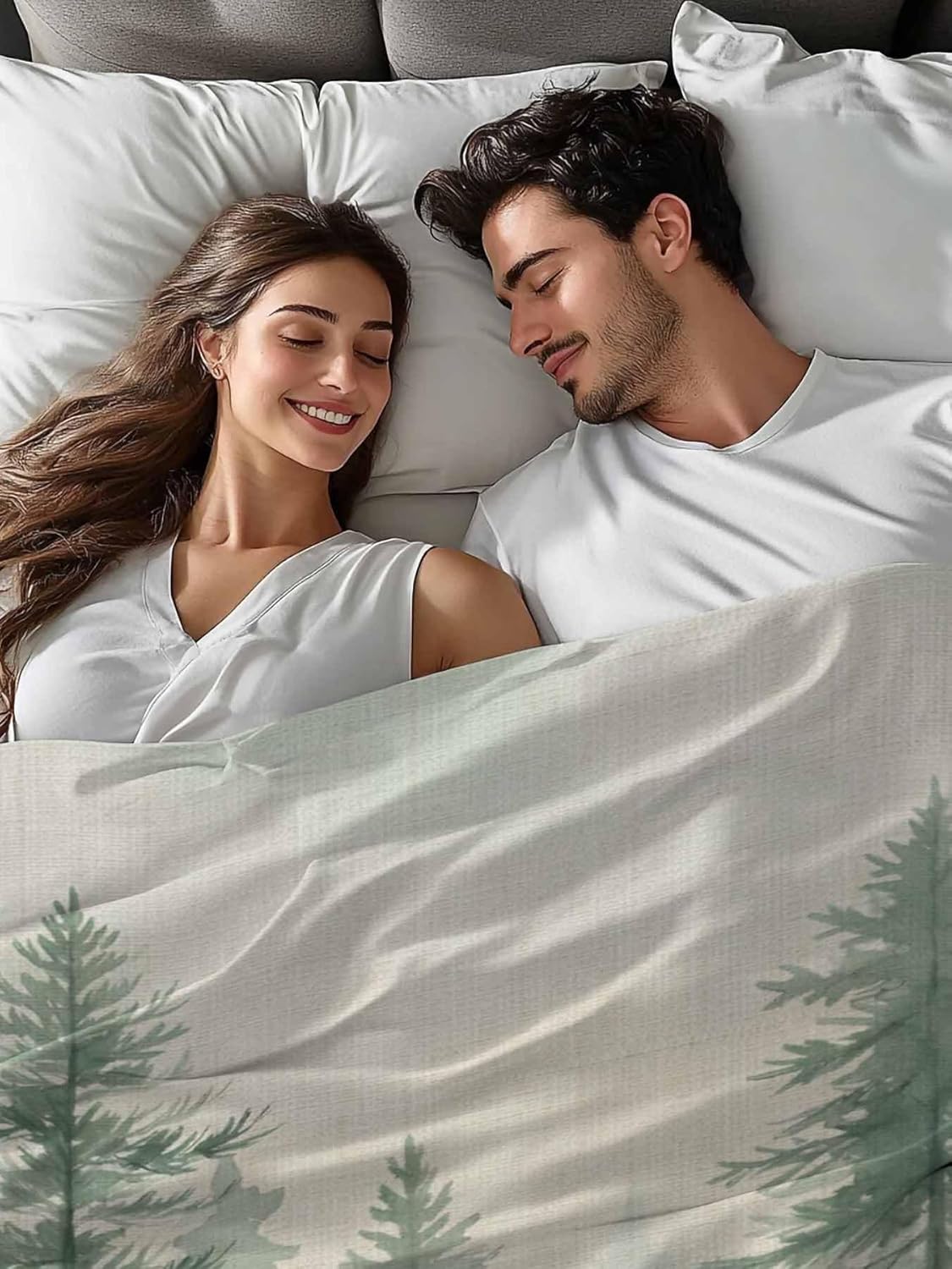 Top Sheet Full Bedding Flat Sheet Only, Watercolor Green Tree Retro Linen Microfiber Bed Sheets Soft Breathable Bedding Flat Sheets, Mist Forest Plant Hotel Luxury Top Sheets