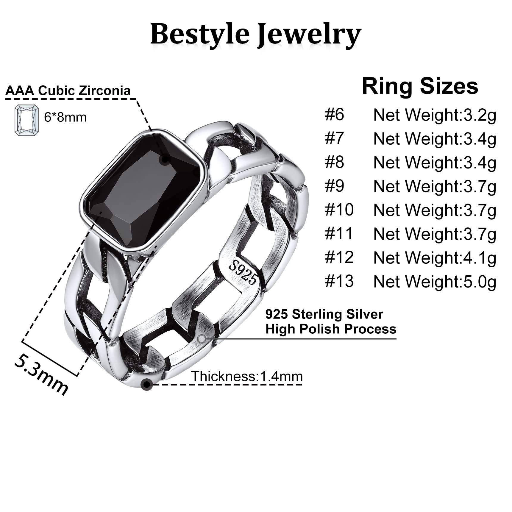 Bestyle Anelli Argento 925 Donna Uomo Con Pietra Verde/Nera con Confezione Regalo