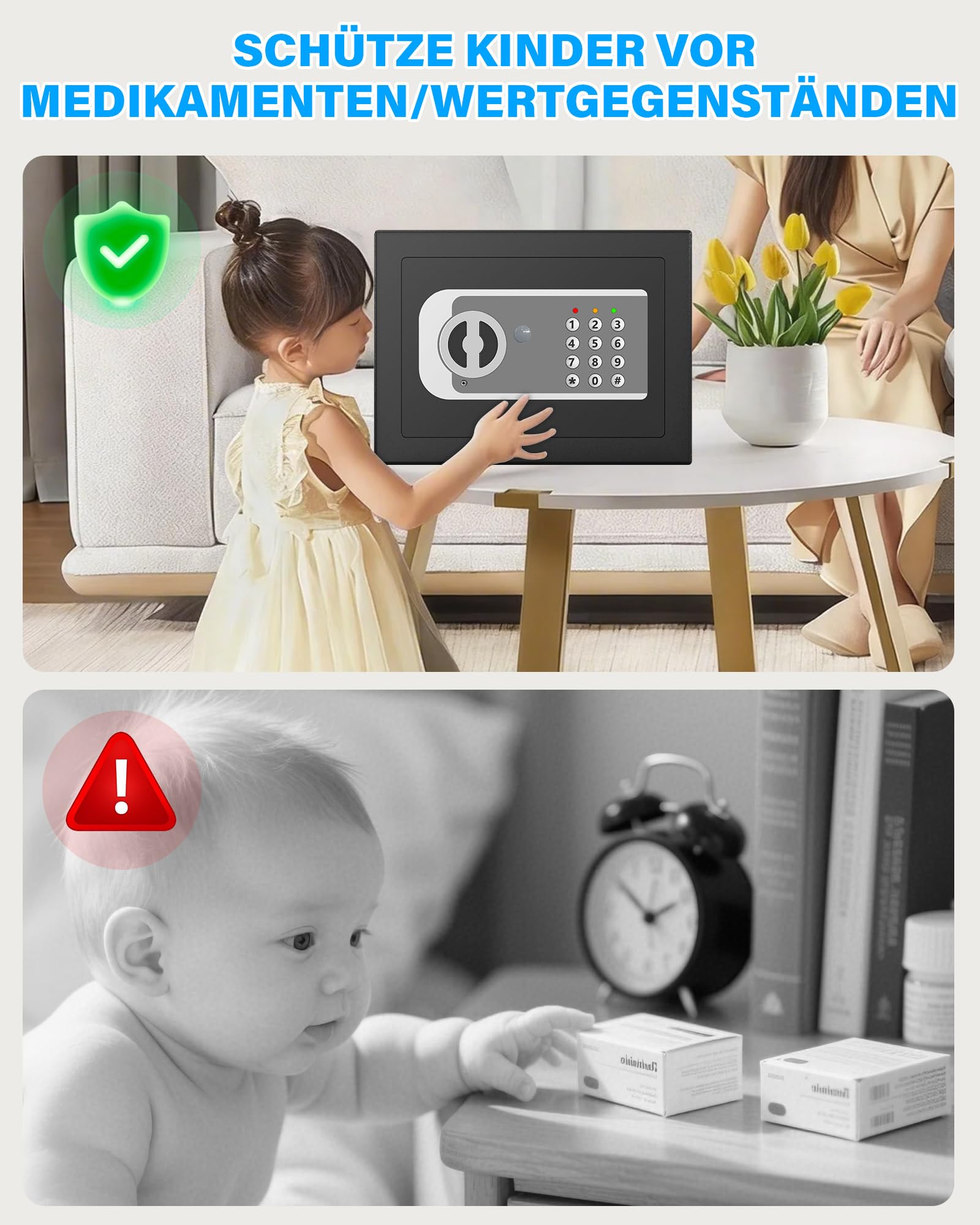 Mini cassaforte per casa, cassaforte digitale con chiave di ricambio, ripiano rimovibile e sistema di allarme, cassaforte da parete con serratura a combinazione per contanti, documenti importanti