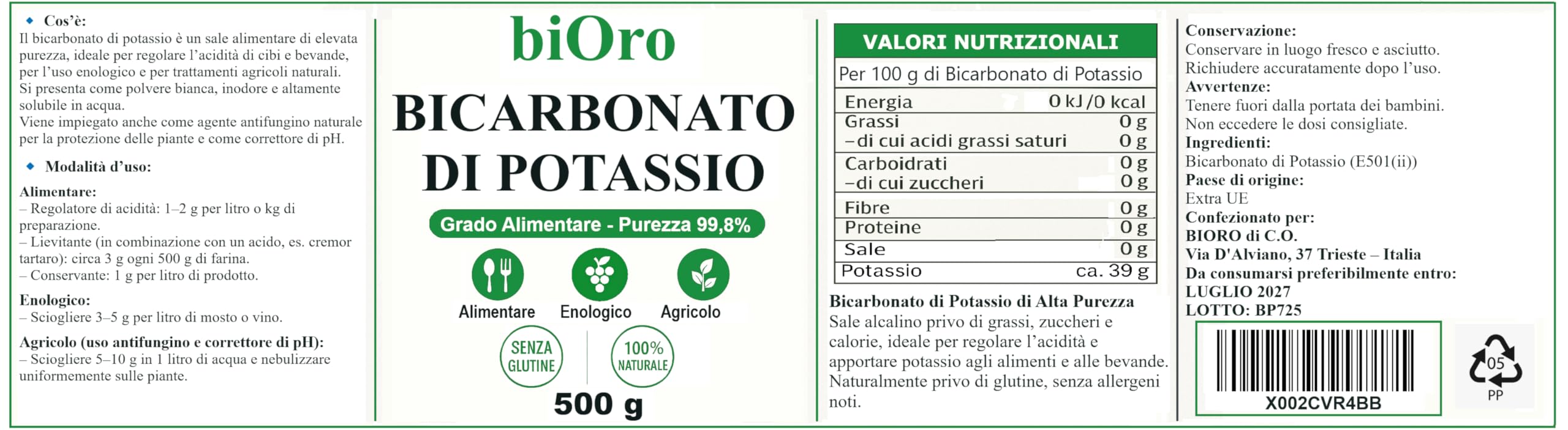 BICARBONATO DI POTASSIO Alimentare biOro 99,8% – 500g – Regolatore Acidità, Antifungino Naturale, Uso Enologico e Agricolo – Grado Alimentare Qualità Premium – Senza Glutine