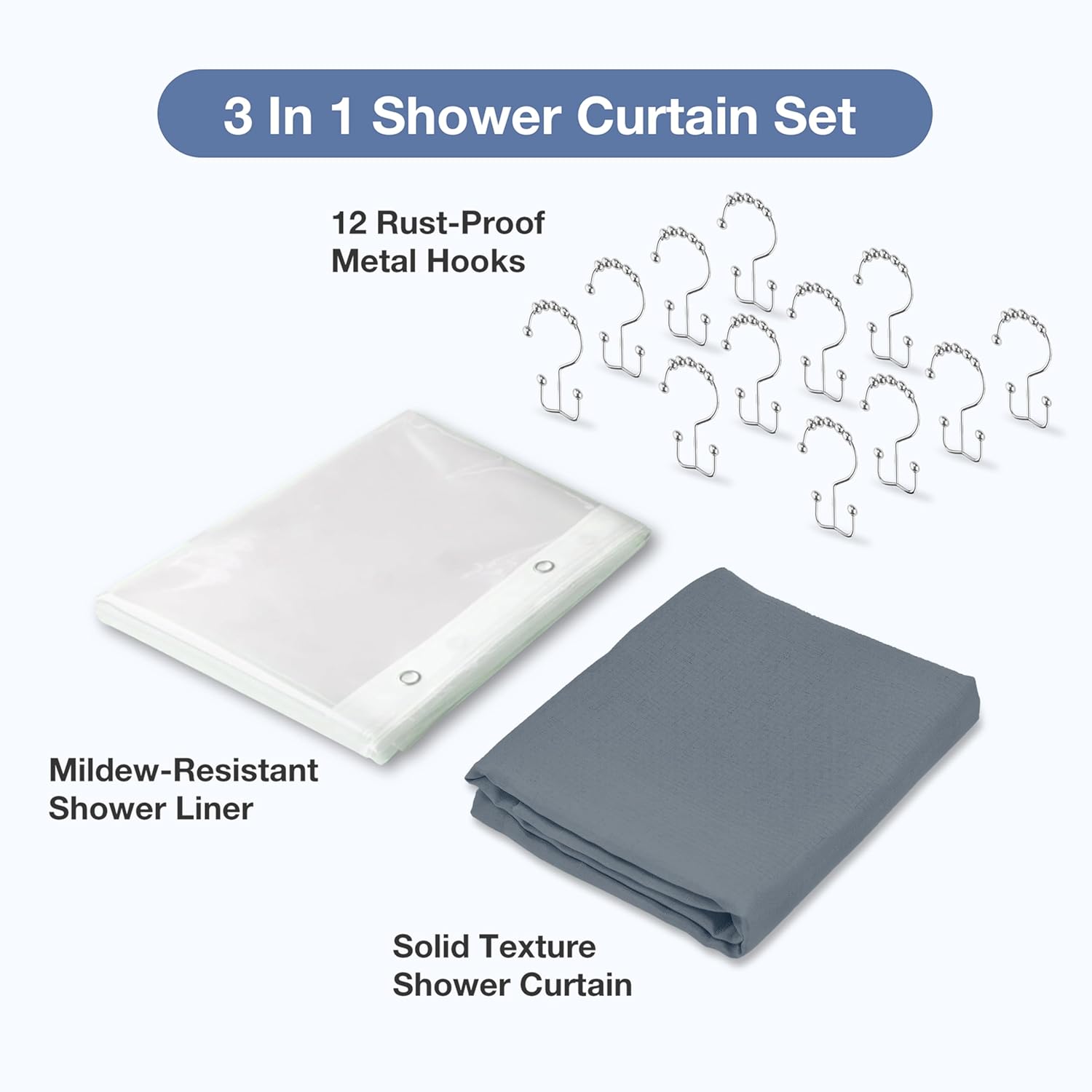 Shower Curtain and Liner, 3 in 1 Shower Curtain Set with 12 Double Sided Shower Curtain Hooks, Cloth Shower Curtains for Bathroom,Waterproof, Moonlight Blue 72 * 72