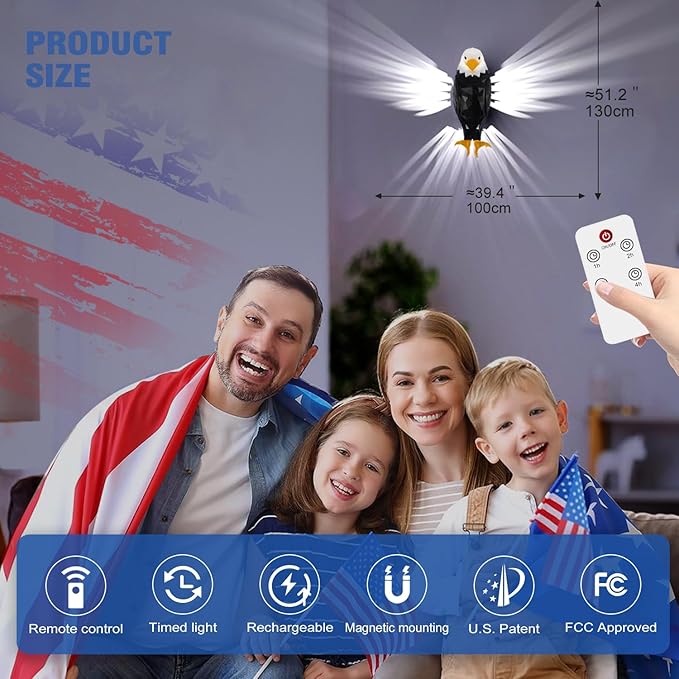 KULRAFEY Bald Eagle Wall Light, American Freedom Led Animal Wall Light, Eagle Bird Shadow Night Lamp, USB Charging, with Remote Controls, Wall Decoration Light for Bedrooms, Stairway, Hallway, Bar photo 2