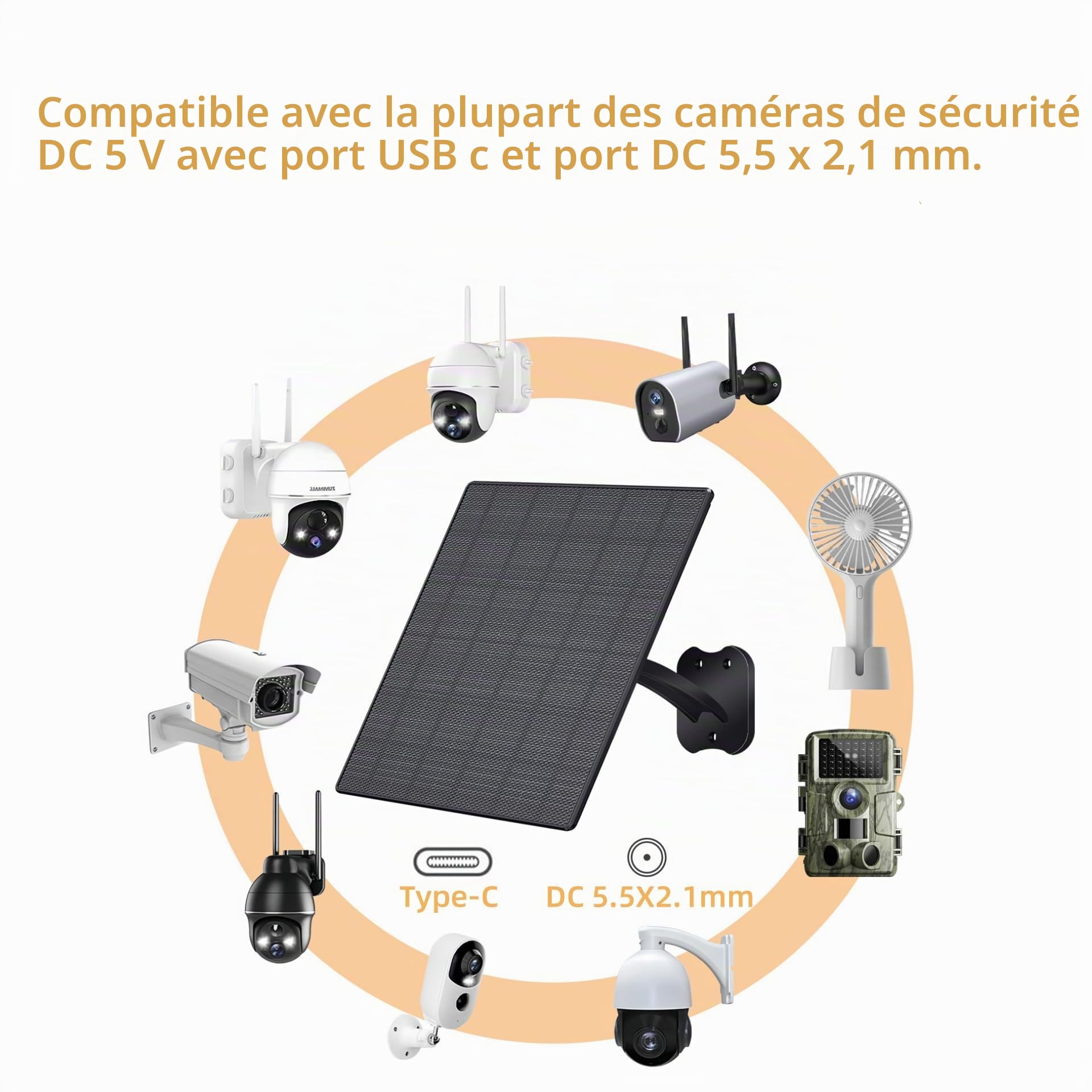 Panneau solaire 10 W pour caméras de sécurité IP66 étanche avec câble de 3 m USB C et ports CC 5,5 x 2,1 mm Support réglable pour caméra extérieure