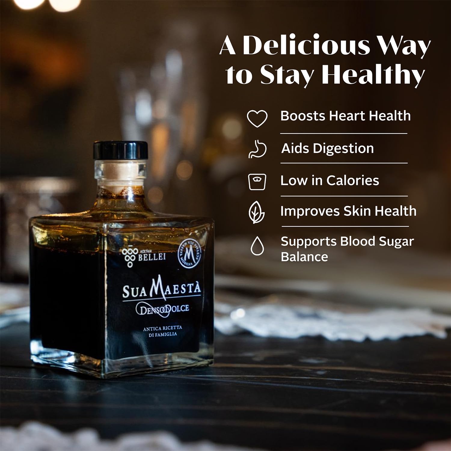 Acetaia Bellei Rich & Thick Italian Balsamic Condiment with Cooked Grape Must, Wine Vinegar & Balsamic of Modena, Light Acidity, Sua Maestà Denso Dolce – 250ml