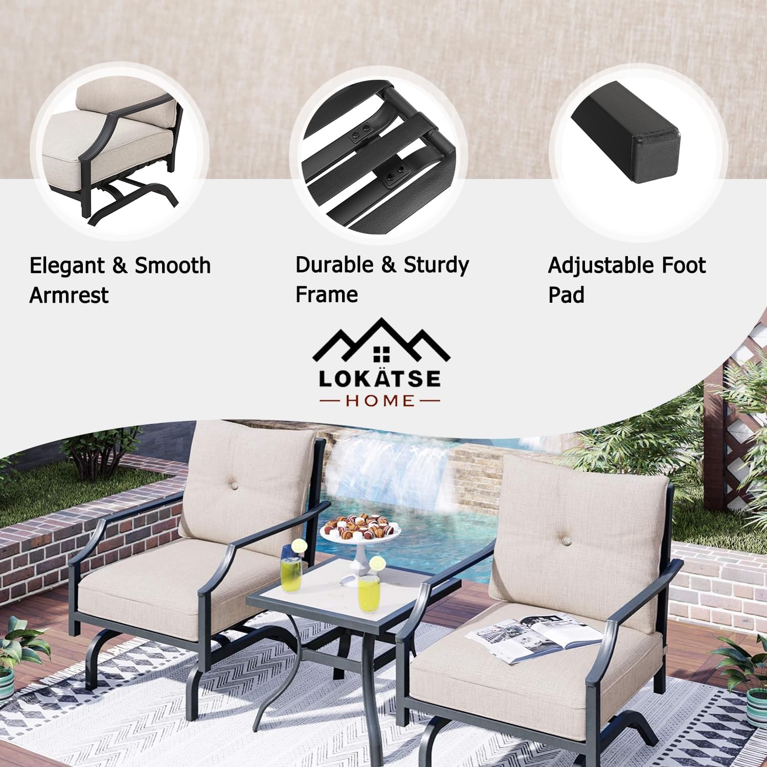 LOKATSE HOME 3 Pcs Patio Bistro Set Outdoor Conversation Furniture Metal Frame Armchair with Cushion & Square Coffee Table