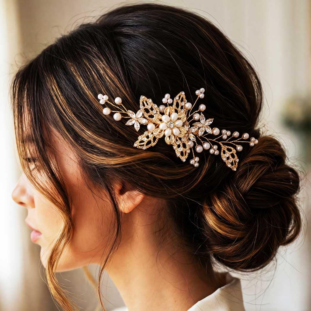 GORAIS Pearl Wedding Hair Comb Gold Rhinestone Bridal Hair Clip Leaf Prom Hair Accessories for Women and Bride (Gold)
