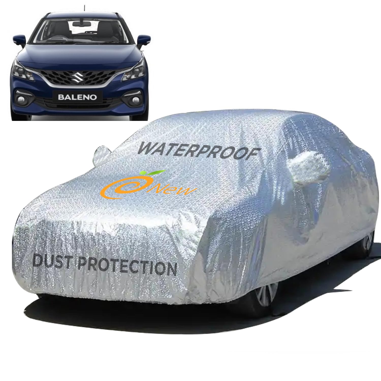Enew Waterproof Textured with Triple Stitching Car Cover for Maruti Suzuki Baleno - Ultra Surface Body Protection, Mirror, Dust, UV Shield, without Antenna Pockets - Silver Look